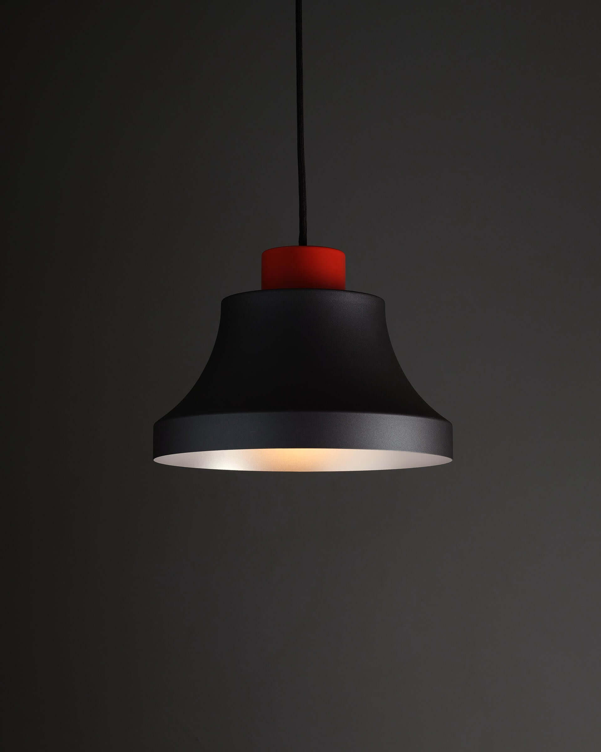 Jo Hammerborg 'Cinderella' Pendant Light in Black and Red (NOS) featuring a matte black shade and red top.