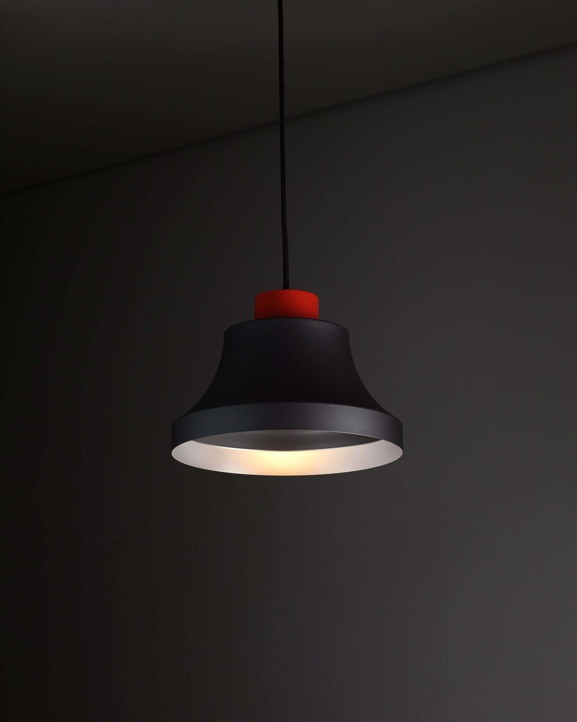 Jo Hammerborg 'Cinderella' Pendant Light in Black and Red (NOS) showcasing its bell-curved design and vibrant color contrast.