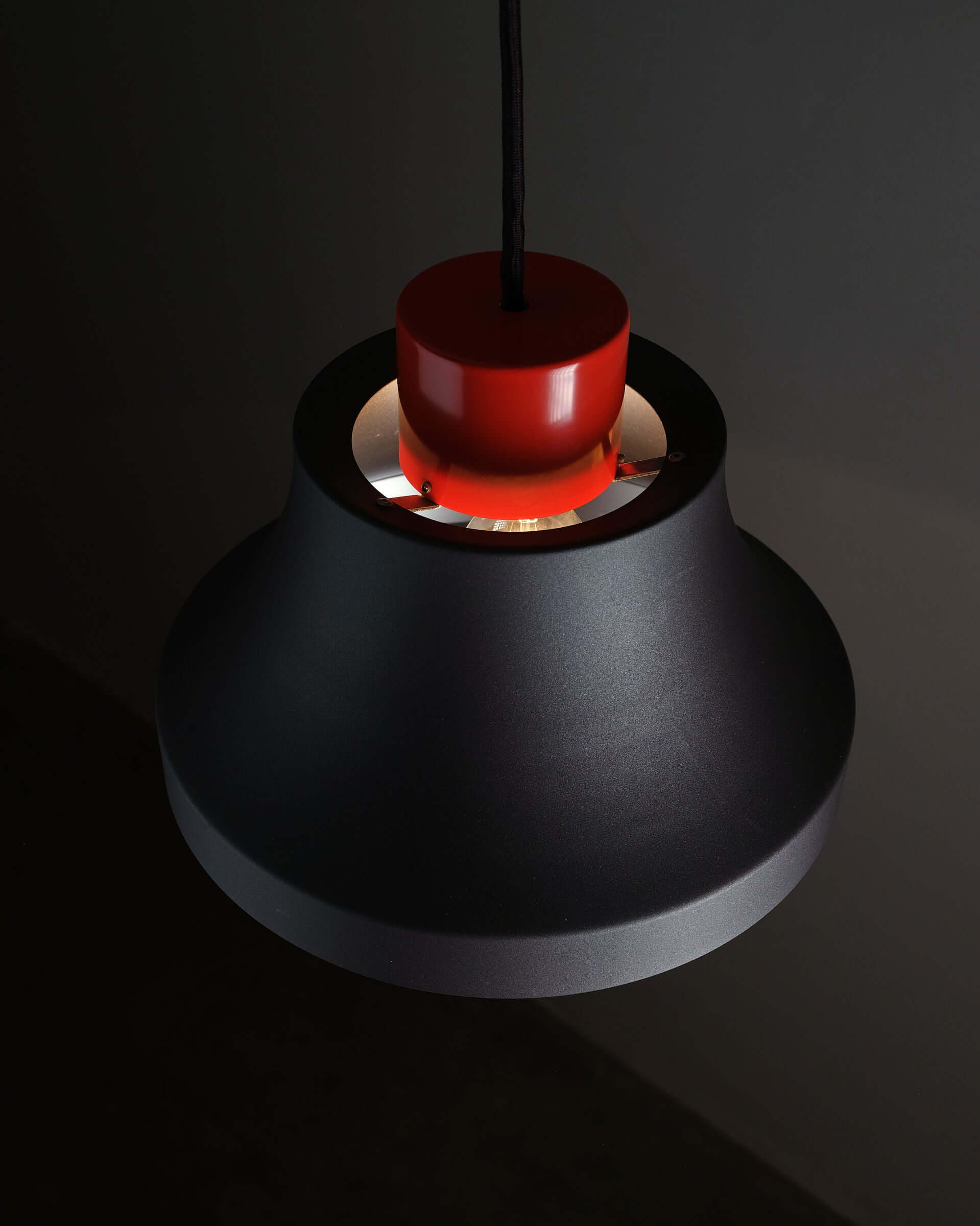 Jo Hammerborg 'Cinderella' Pendant Light in Black and Red (NOS) showcasing a matte black shade with a vibrant red top.