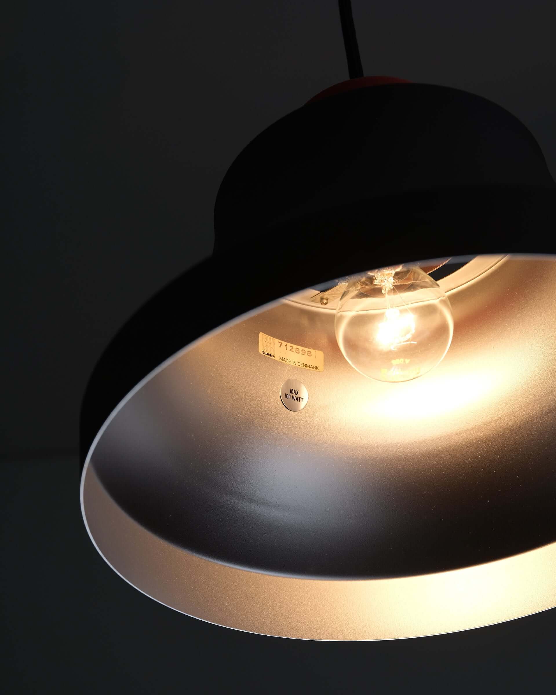 Jo Hammerborg 'Cinderella' Pendant Light in Black and Red (NOS) showcasing the interior and bulb detail.