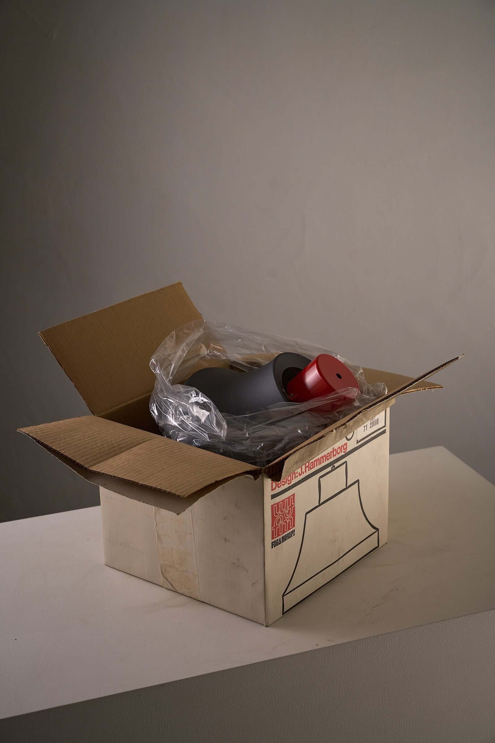Jo Hammerborg 'Cinderella' Pendant Light in Black and Red (NOS) inside packaging box with plastic wrap.