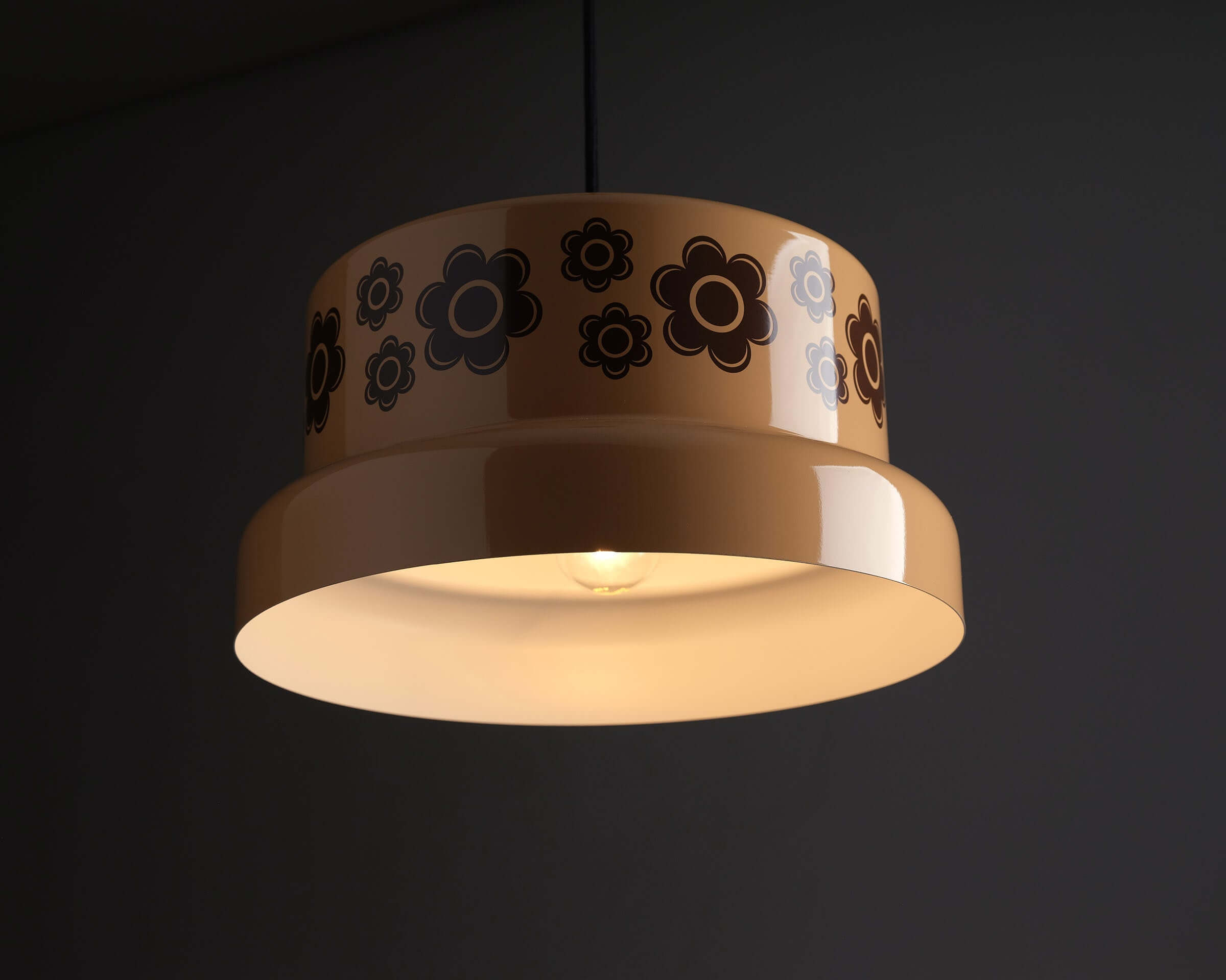 Fog & Mørup 'Flora 2' Retro Floral Pendant Light (NOS) with caramel-beige shade and dark brown floral pattern.