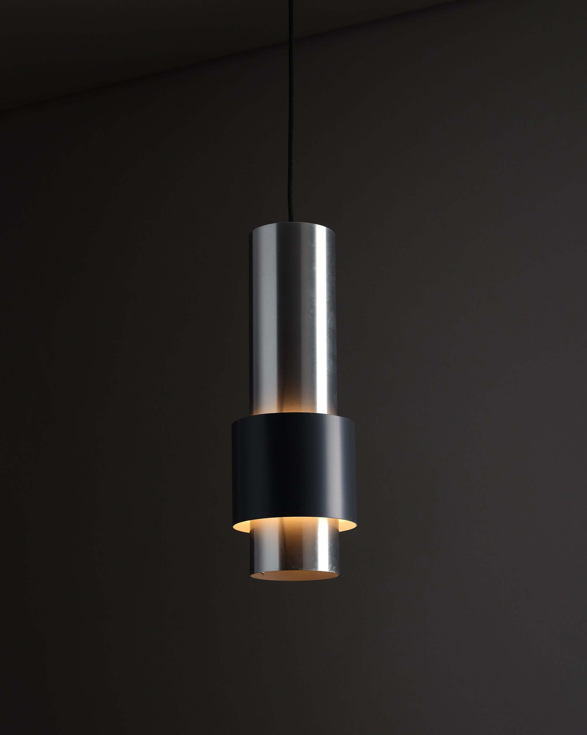 Jo Hammerborg 'Zenith' Aluminum Pendant for Fog & Mørup (NOS) featuring brushed aluminum and black recessed band.