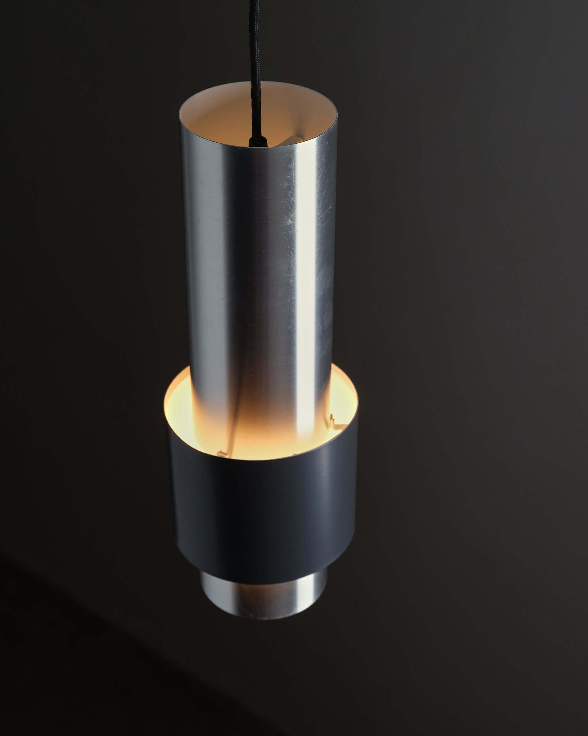 Jo Hammerborg 'Zenith' Aluminum Pendant for Fog & Mørup (NOS) showcasing brushed aluminum and matte black design.