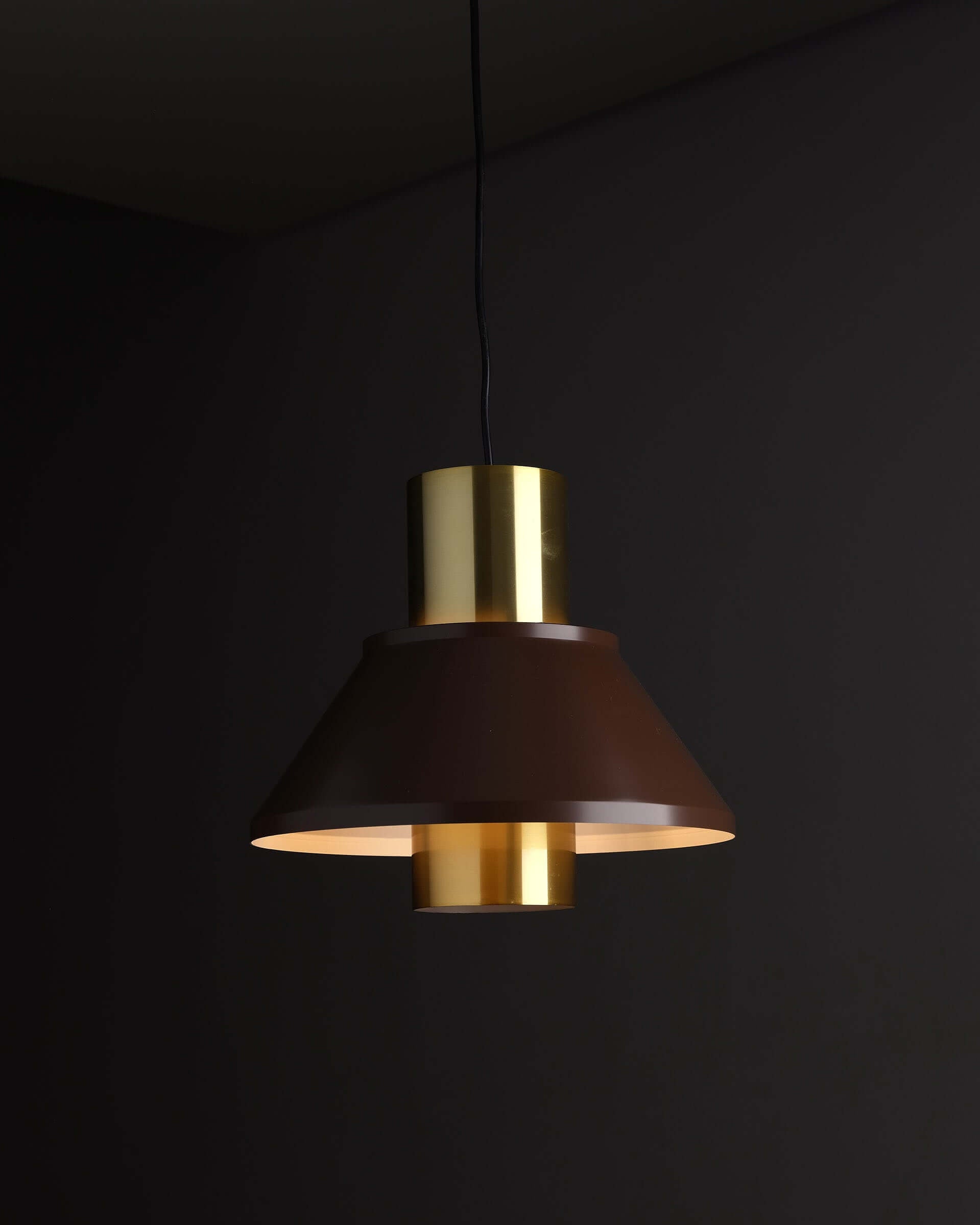 Jo Hammerborg 'Life' Pendant in Brown and Brass (NOS) hanging lamp with brown conical shade and brass details.