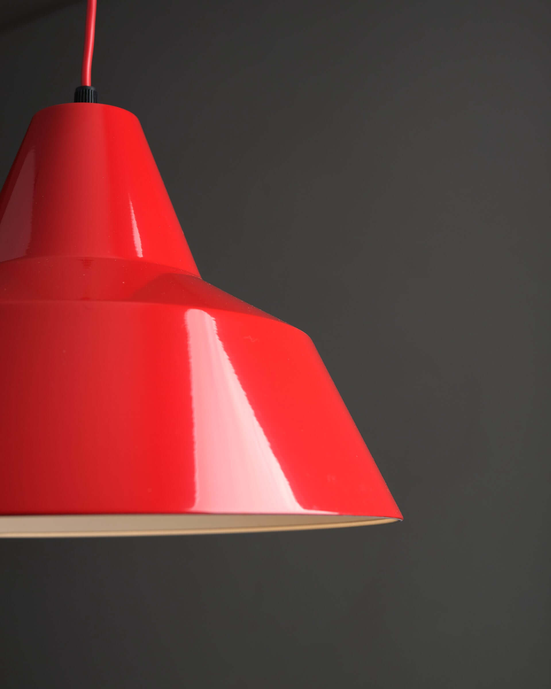 Red Industrial Warehouse Pendant Light by Lyfa showcasing glossy red lacquer finish and classic workshop design.