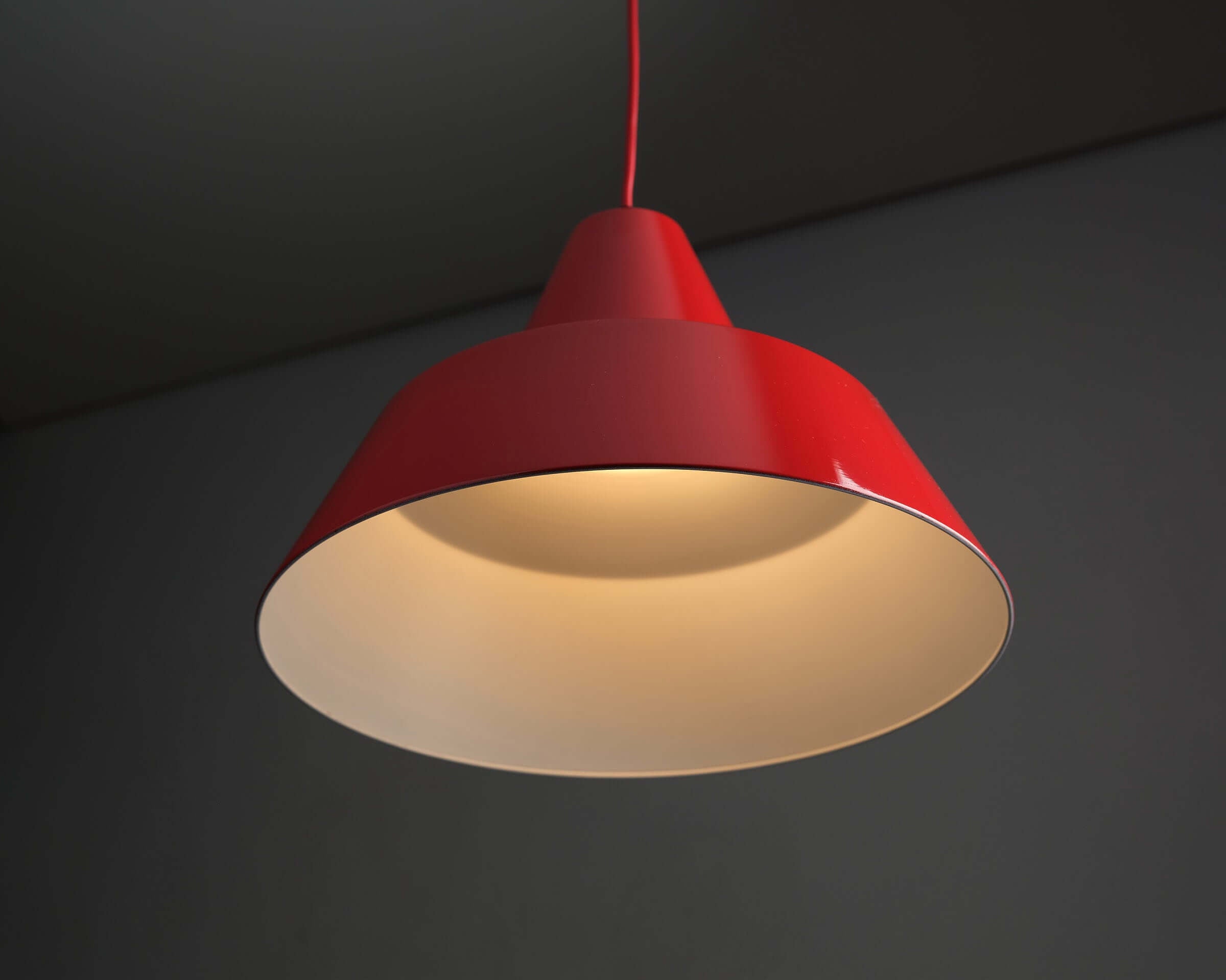 Red Industrial Warehouse Pendant Light by Lyfa in glossy red lacquer with white interior for optimal lighting.