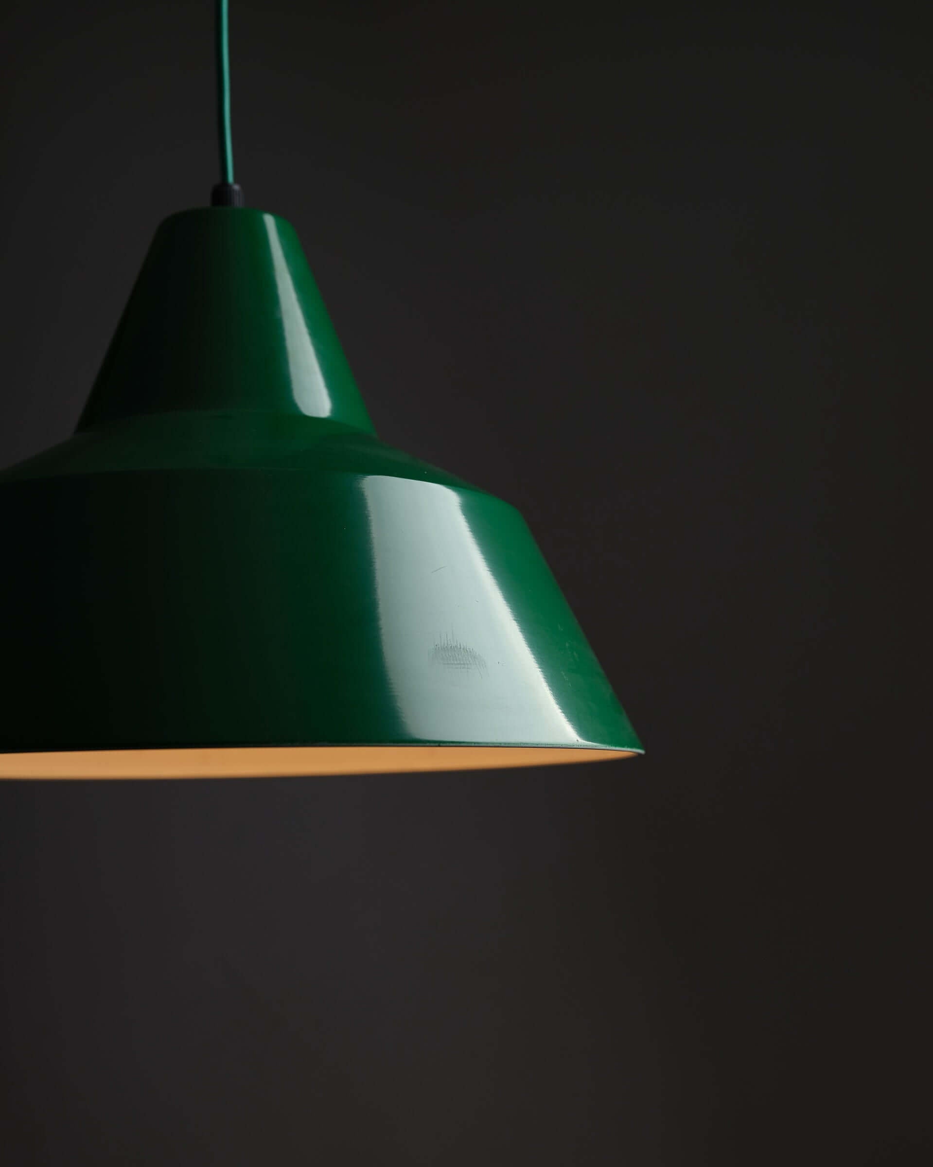 Green Danish Industrial Warehouse Pendant Light by Lyfa, 1970s green lacquered workshop lamp showcasing a conical design.