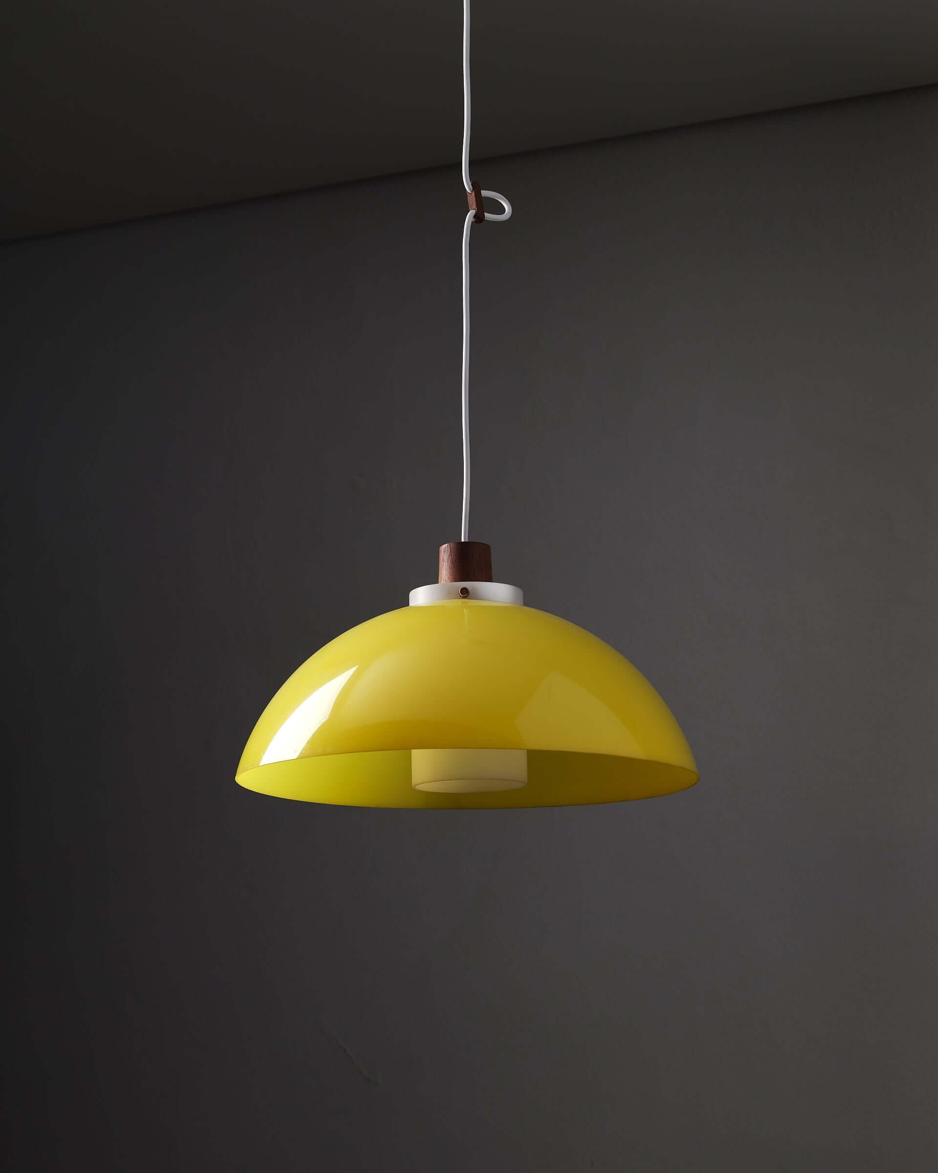 Pendant Lamp by Uno & Östen Kristiansson for Luxus with glossy yellow acrylic shade and teak wood detail.