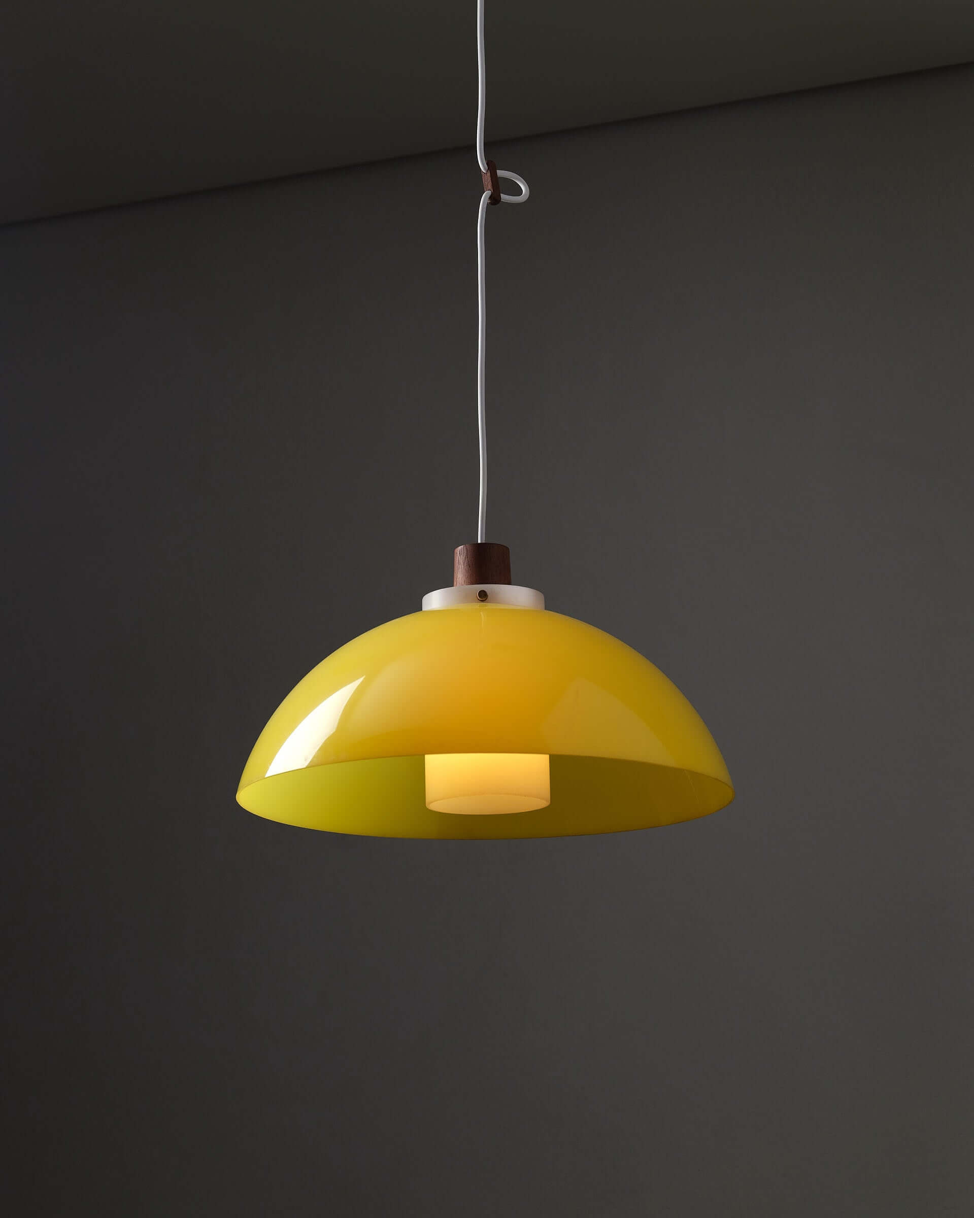Pendant Lamp by Uno & Östen Kristiansson for Luxus, yellow acrylic shade with teak detail, vintage 1960s design.