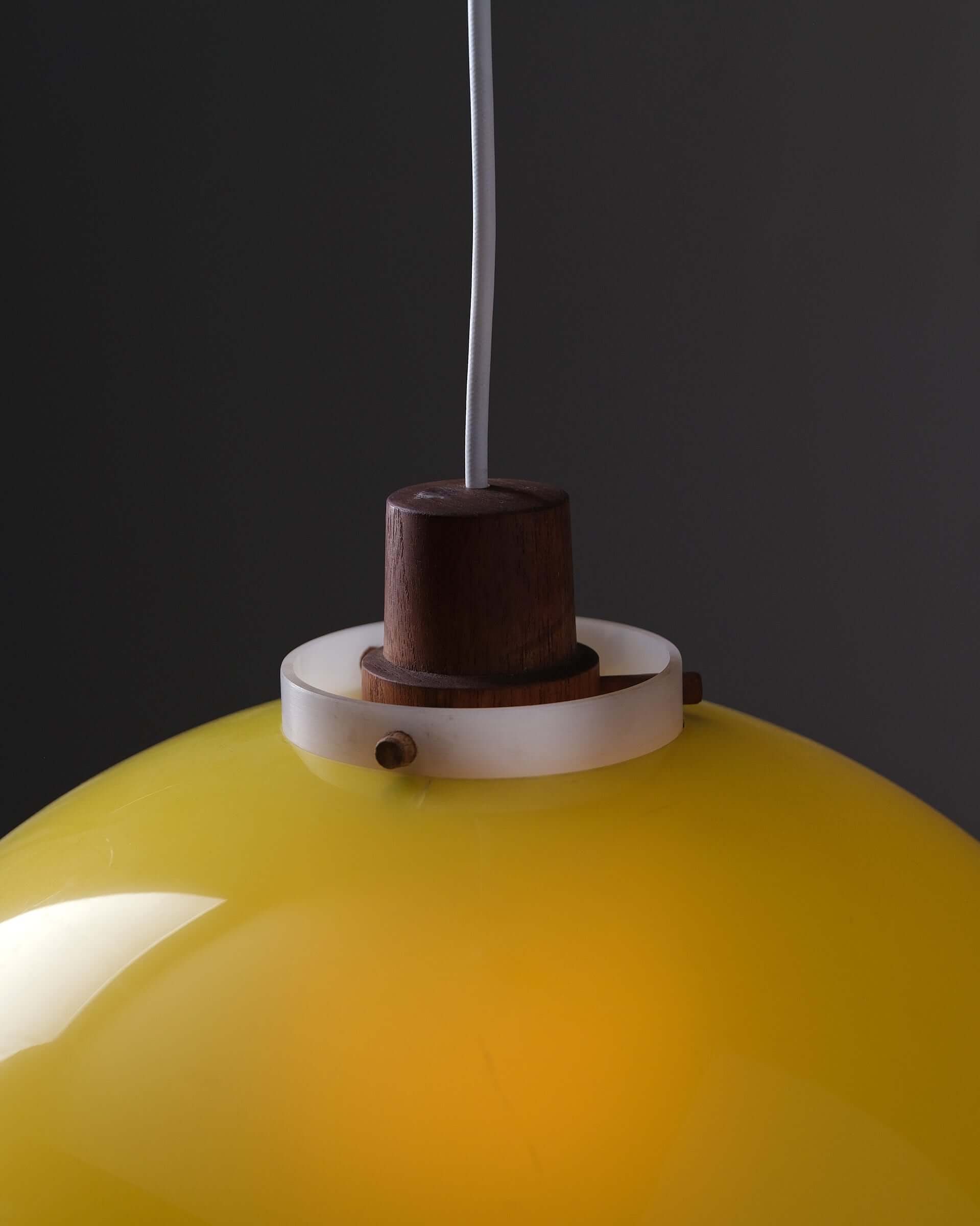 Pendant Lamp by Uno & Östen Kristiansson for Luxus, yellow acrylic shade with teak wood detailing.
