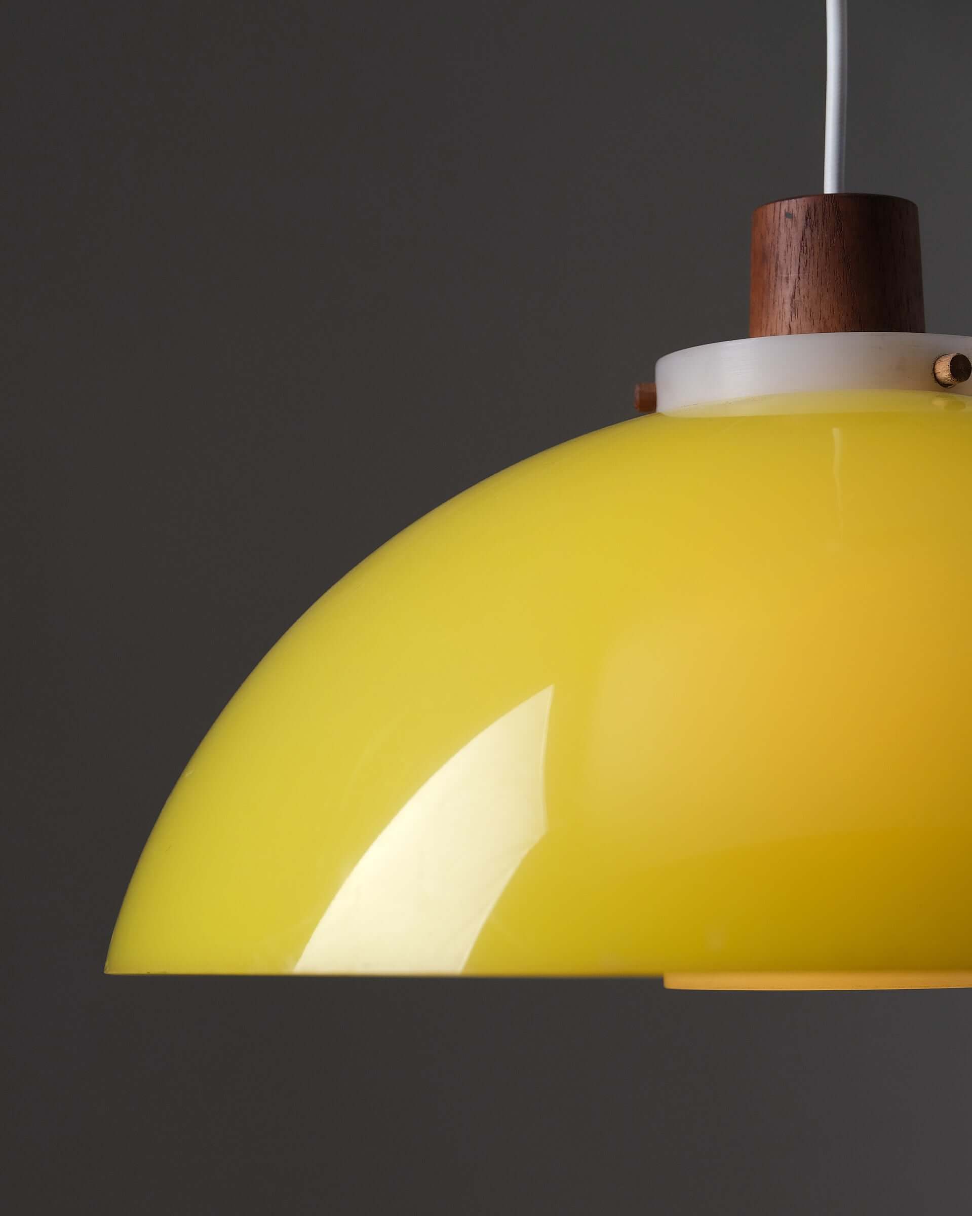 Pendant Lamp by Uno & Östen Kristiansson for Luxus, yellow acrylic shade with teak wood details.