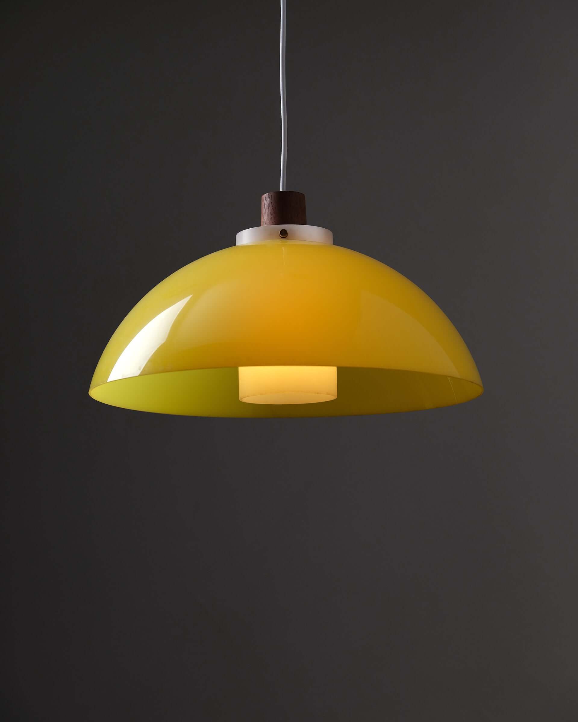 Pendant Lamp by Uno & Östen Kristiansson for Luxus, yellow acrylic and teak design, 1960s Swedish craftsmanship.