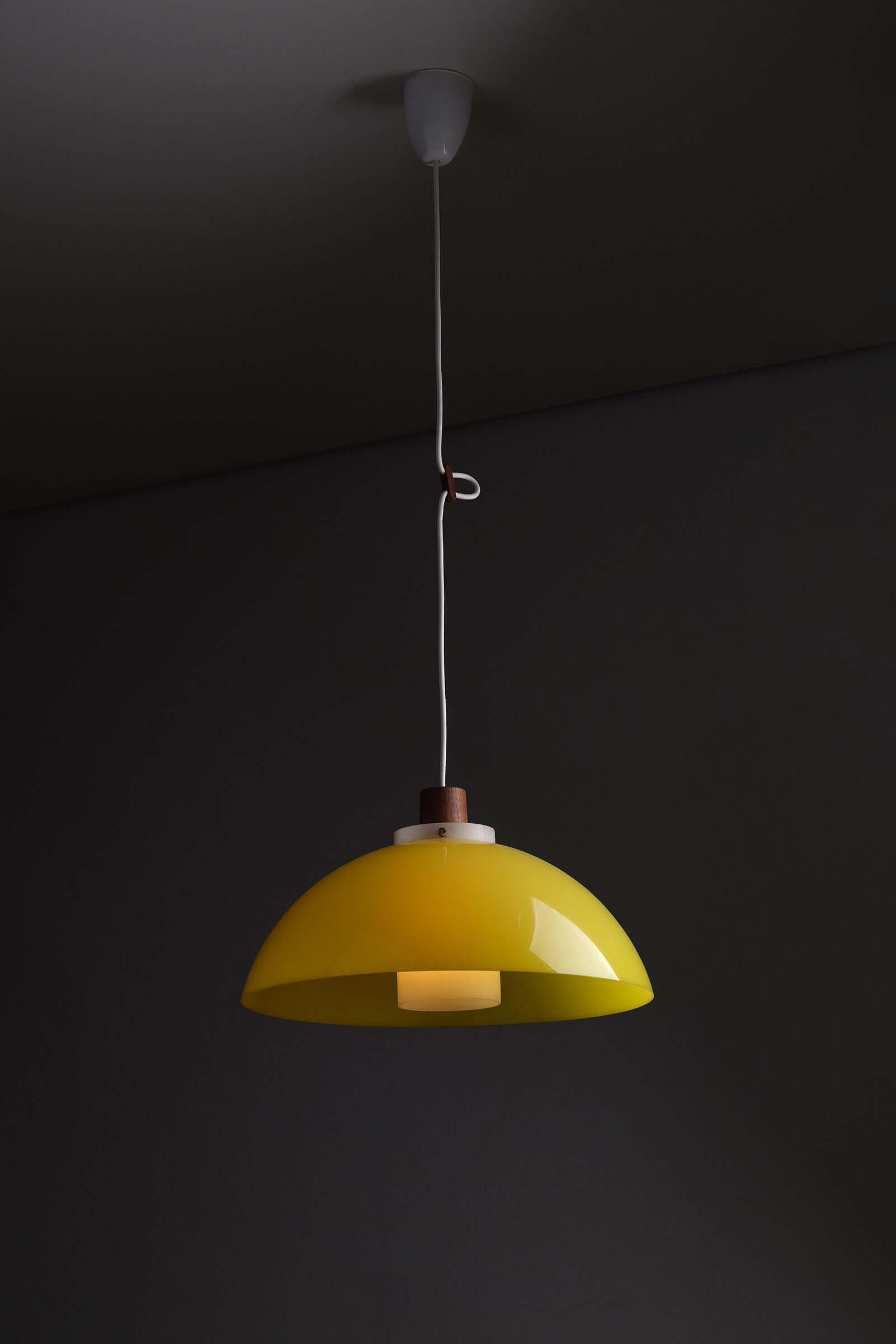 Pendant Lamp by Uno & Östen Kristiansson for Luxus, yellow acrylic shade with teak detail, 1960s design.
