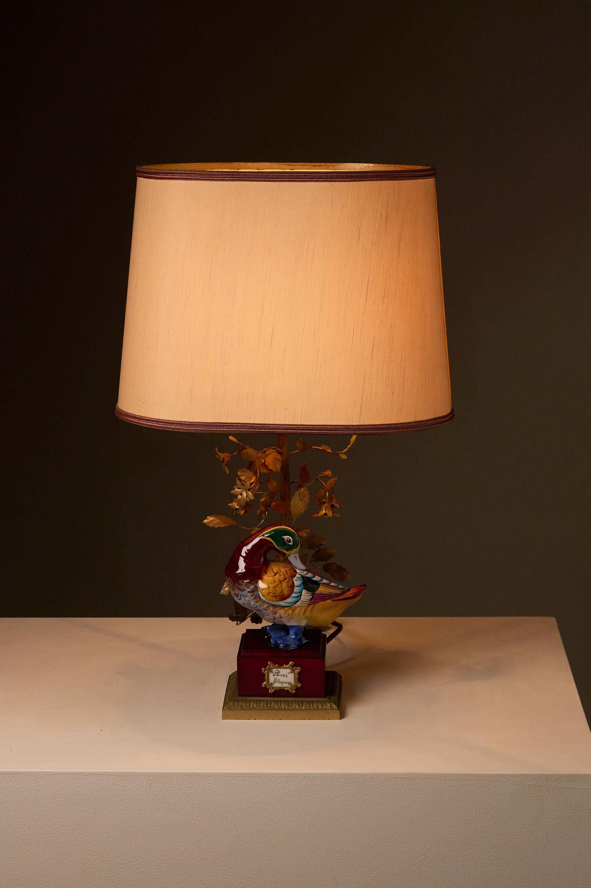 Porcelain 'Anas Strepera' Duck Table Lamp with Brass Foliage showcasing vintage hand-painted bird design.