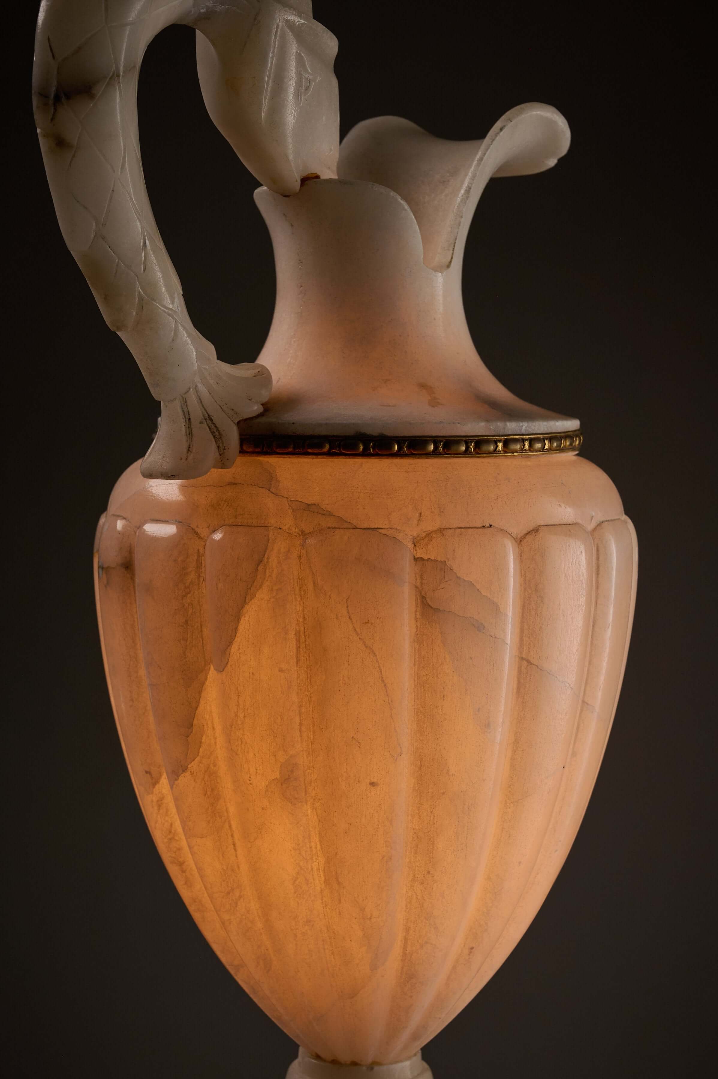 Carved Alabaster Urn Lamp with Stylized Fish Handle, showcasing elegant alabaster ewer design and intricate fish handle.