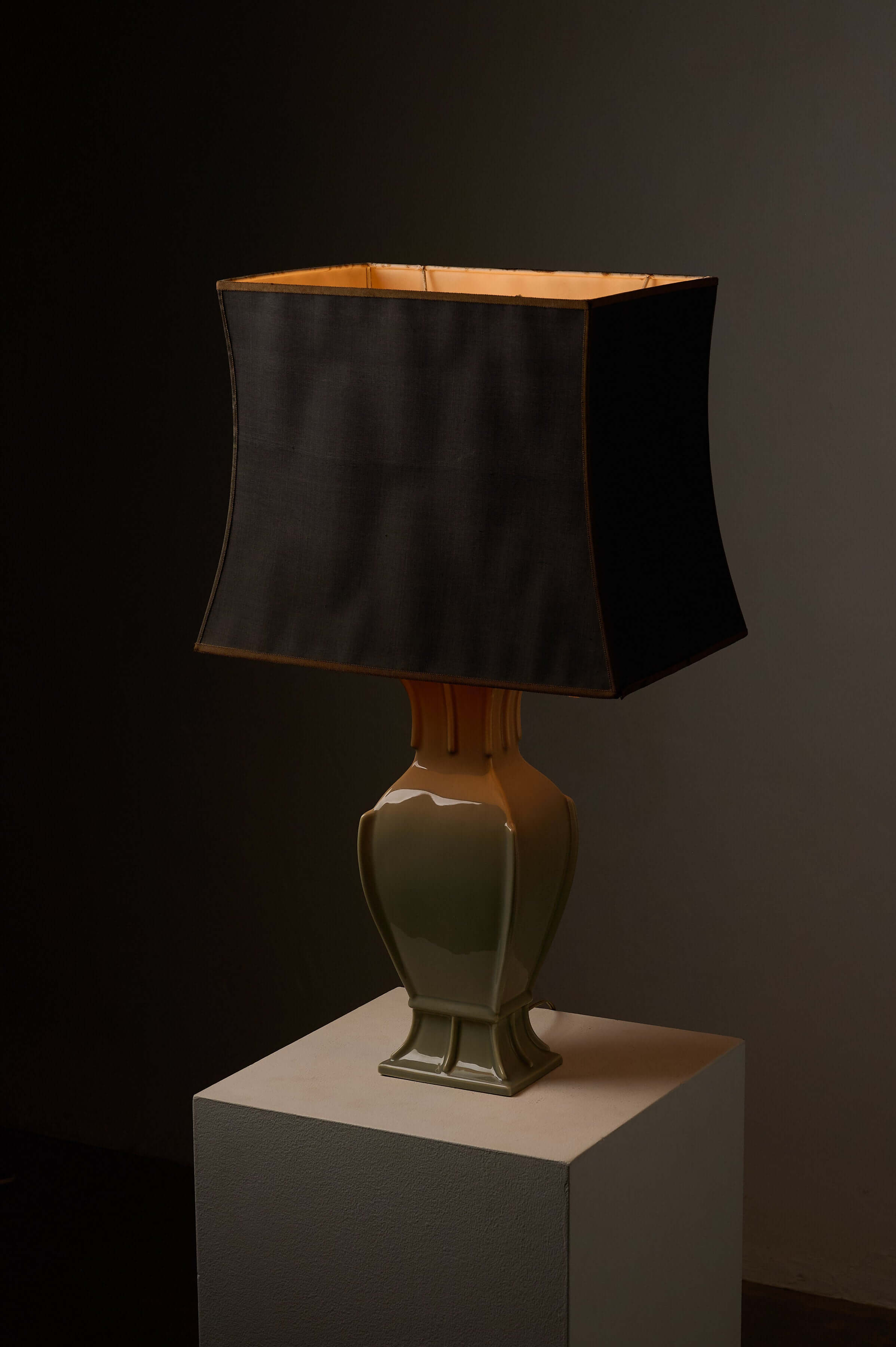 Mid-Century Neoclassical Green Ceramic Table Lamp with black rectangular shade and baluster design.