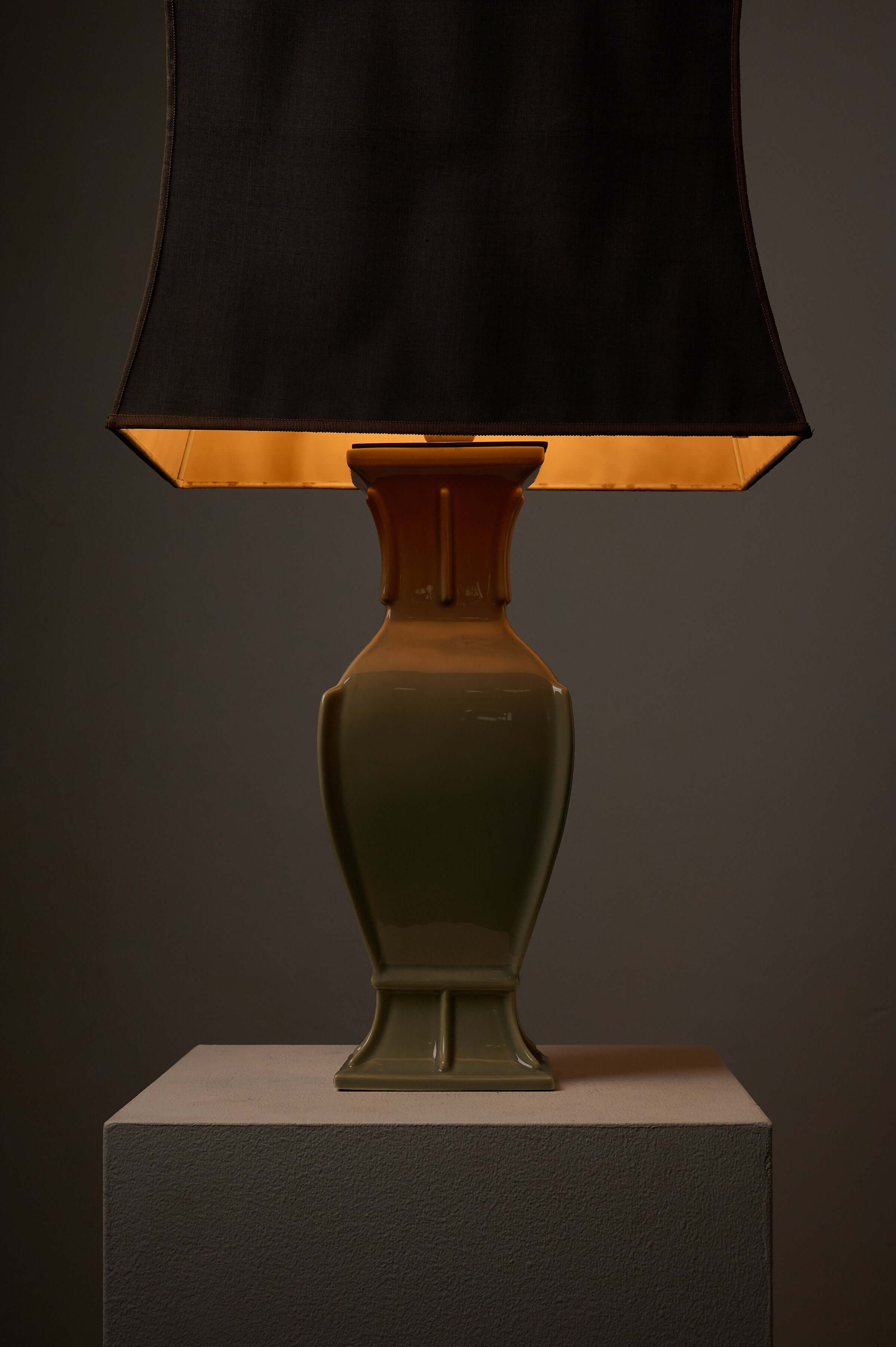 Mid-Century Neoclassical Green Ceramic Table Lamp with black rectangular shade and glossy baluster base.