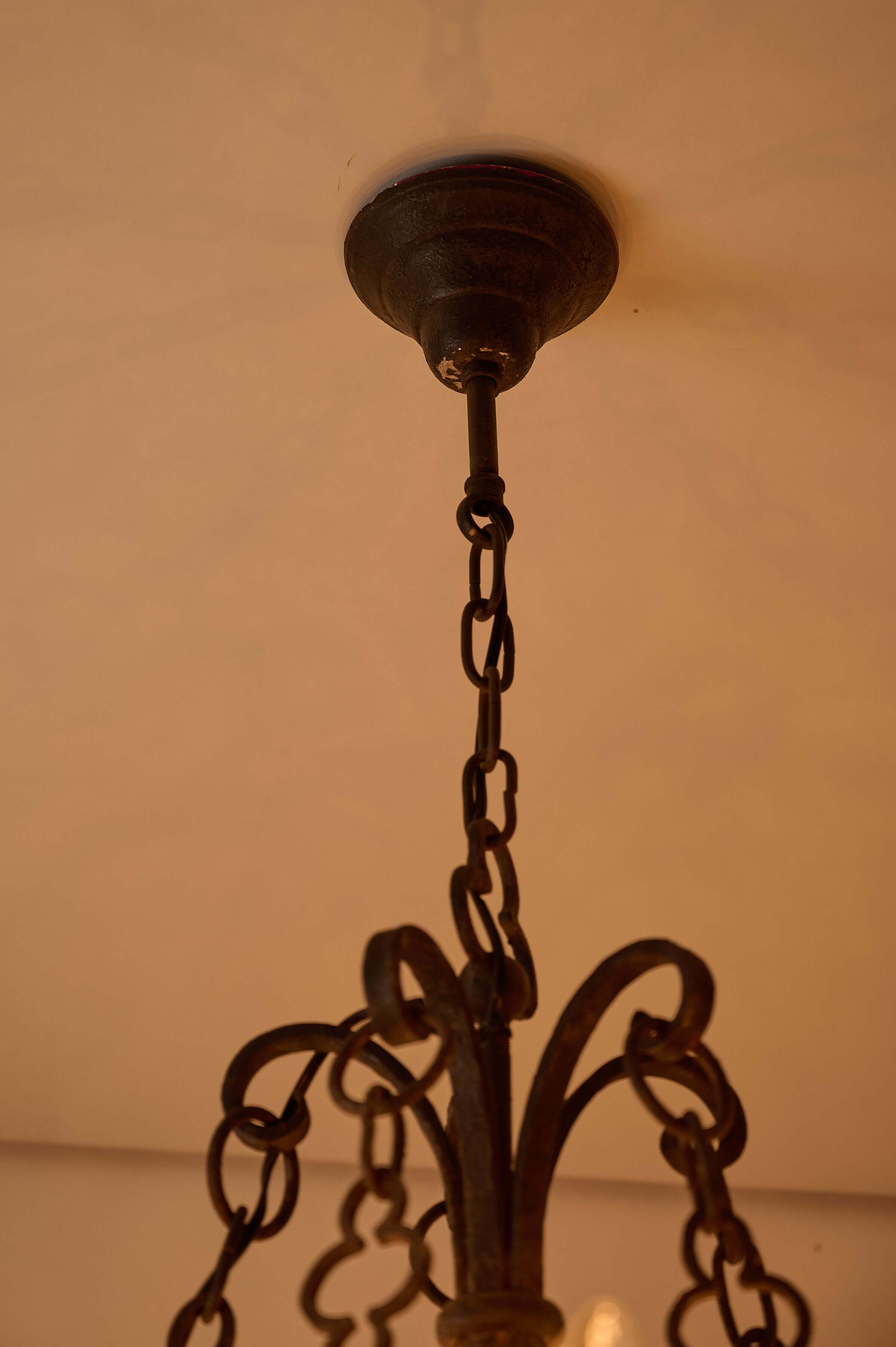 Gothic Style Chandelier with Chain Suspension showing chain and mounting detail.