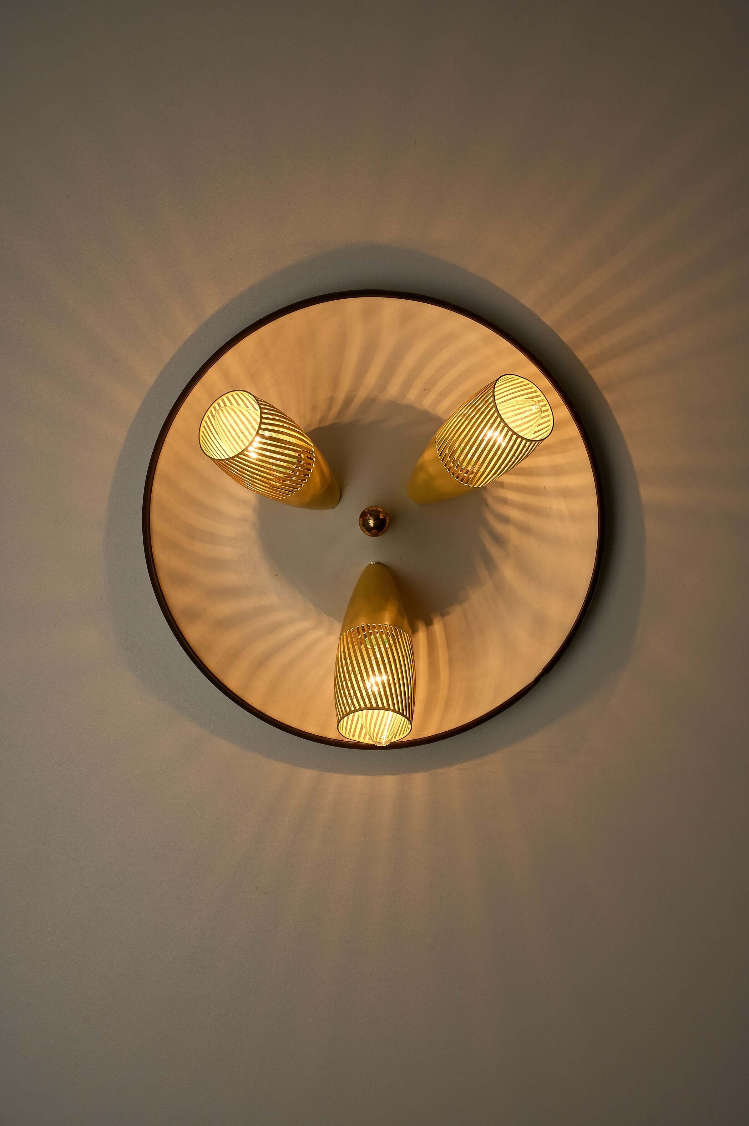 Mid-Century Yellow & Brass Ceiling Lamp by Hillebrand featuring three perforated shades.
