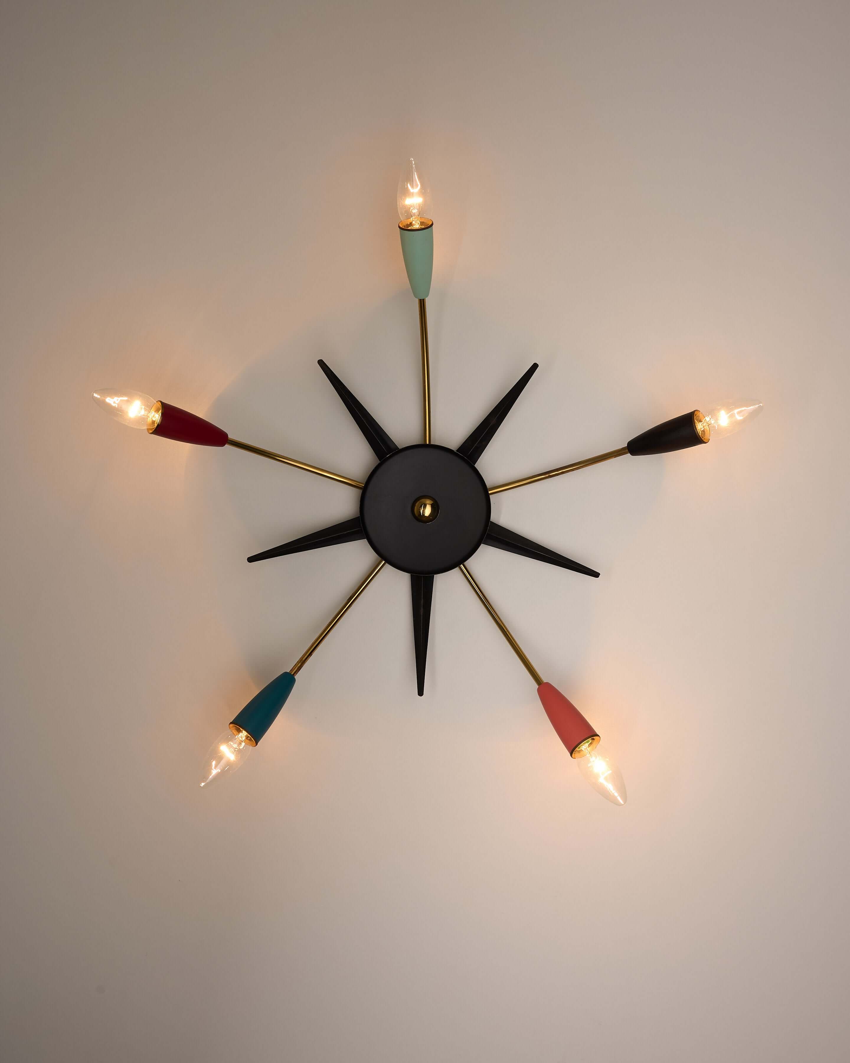 Mid-Century Multicolor Sputnik Ceiling Lamp with brass arms and colorful cone sockets in a starburst design.