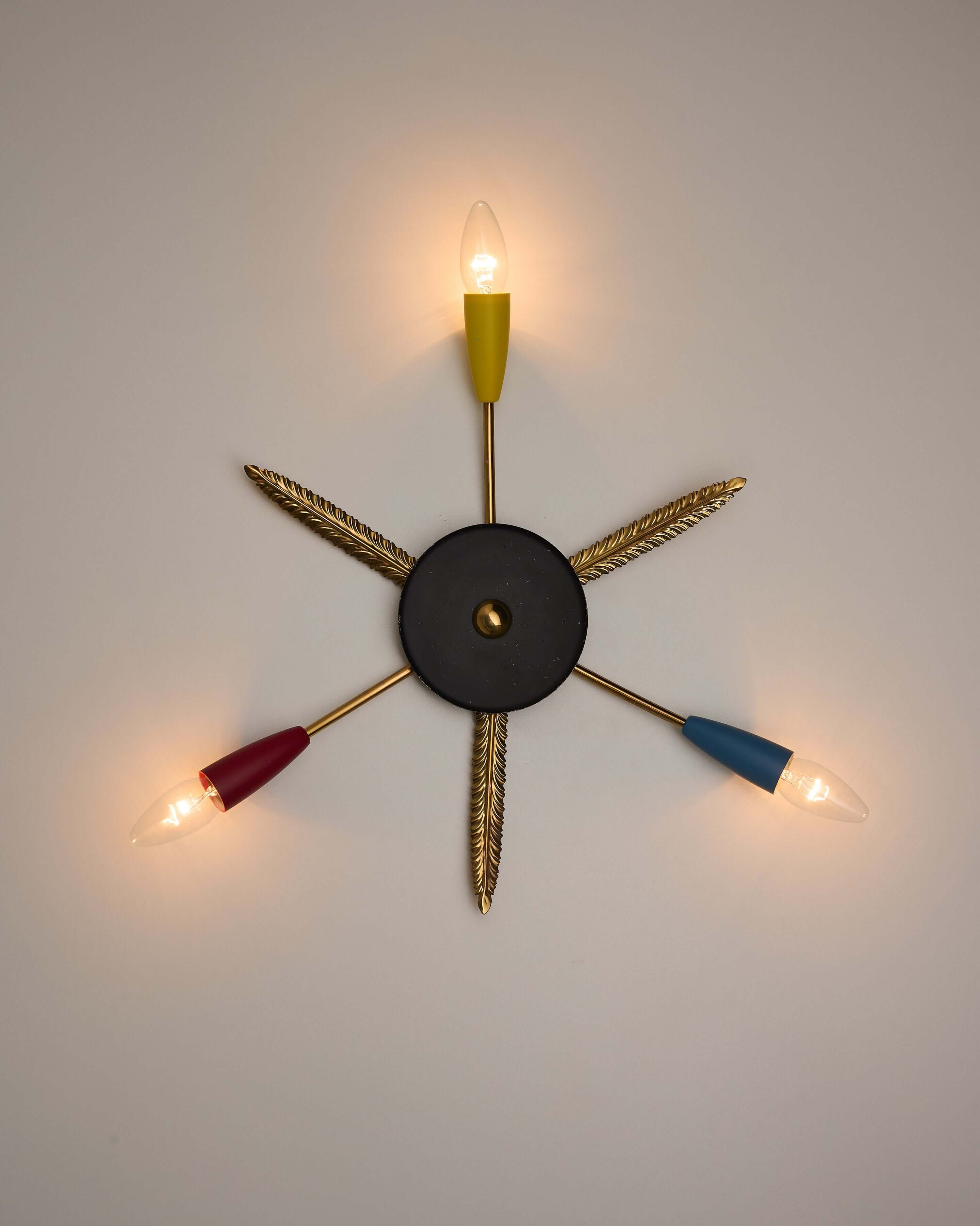 3-Arm Sputnik Ceiling Lamp with Brass Leaves showcasing colorful metal cone sockets and brass feather details.