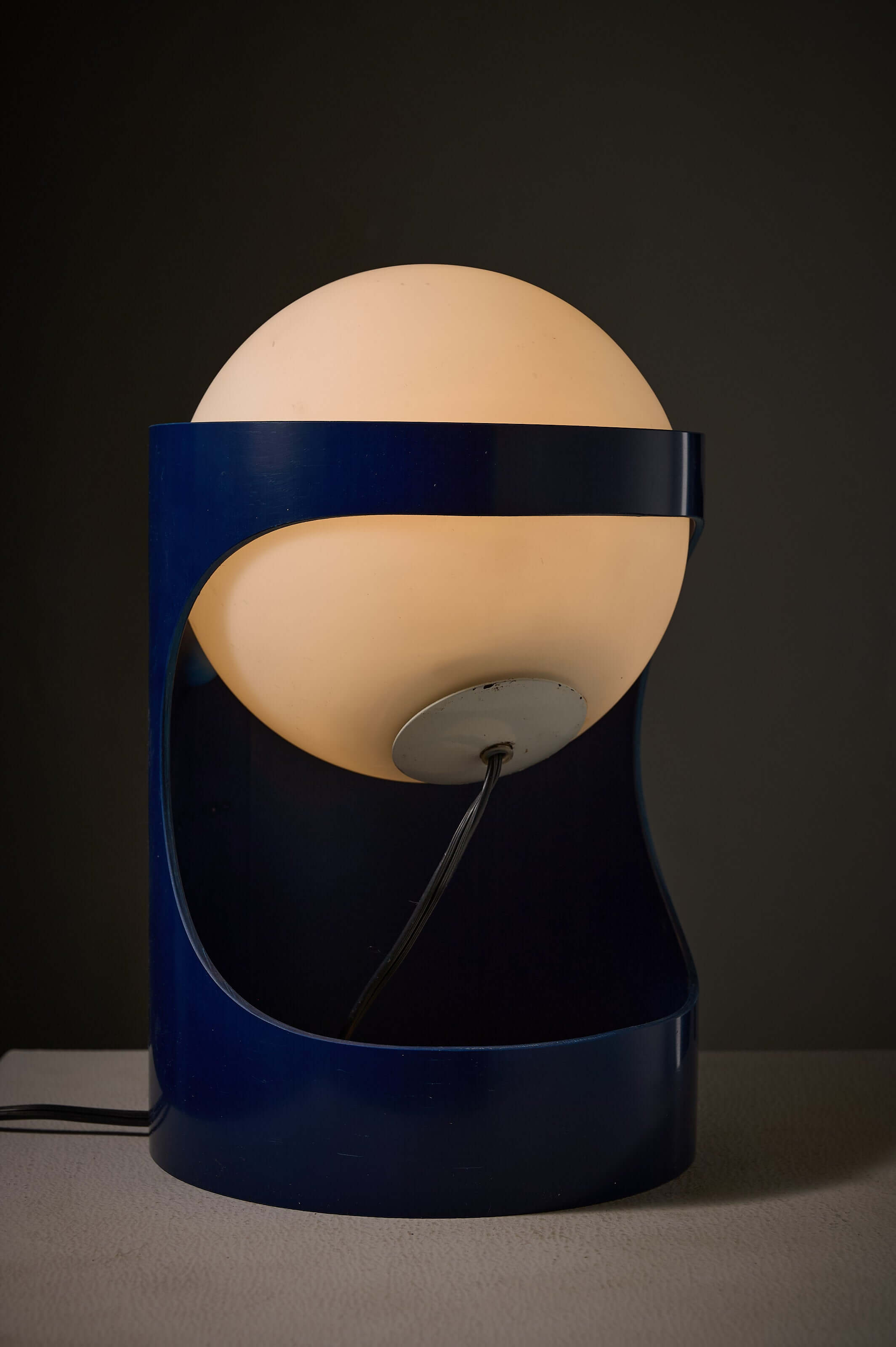 Blue 'L1' Table Lamp by Jacob Guggerli with opal glass sphere and blue plastic shell.