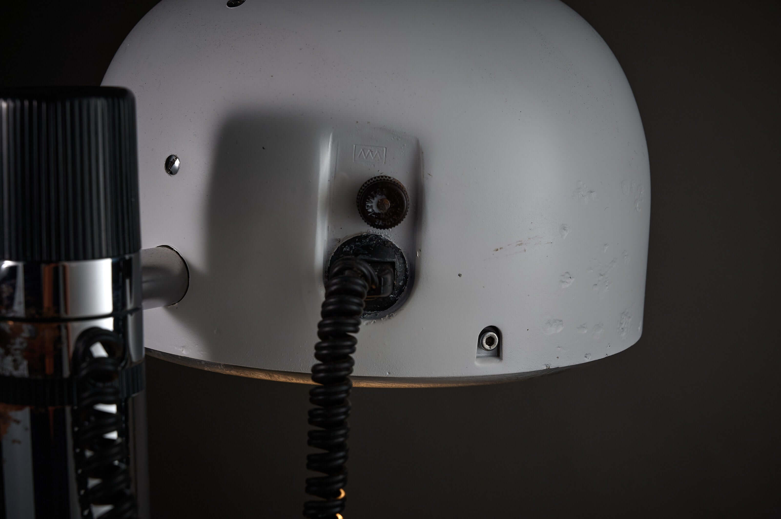 White & Chrome Table Lamp by Enrique Franch for Metalarte, 1970s close-up of adjustable shade and switch.