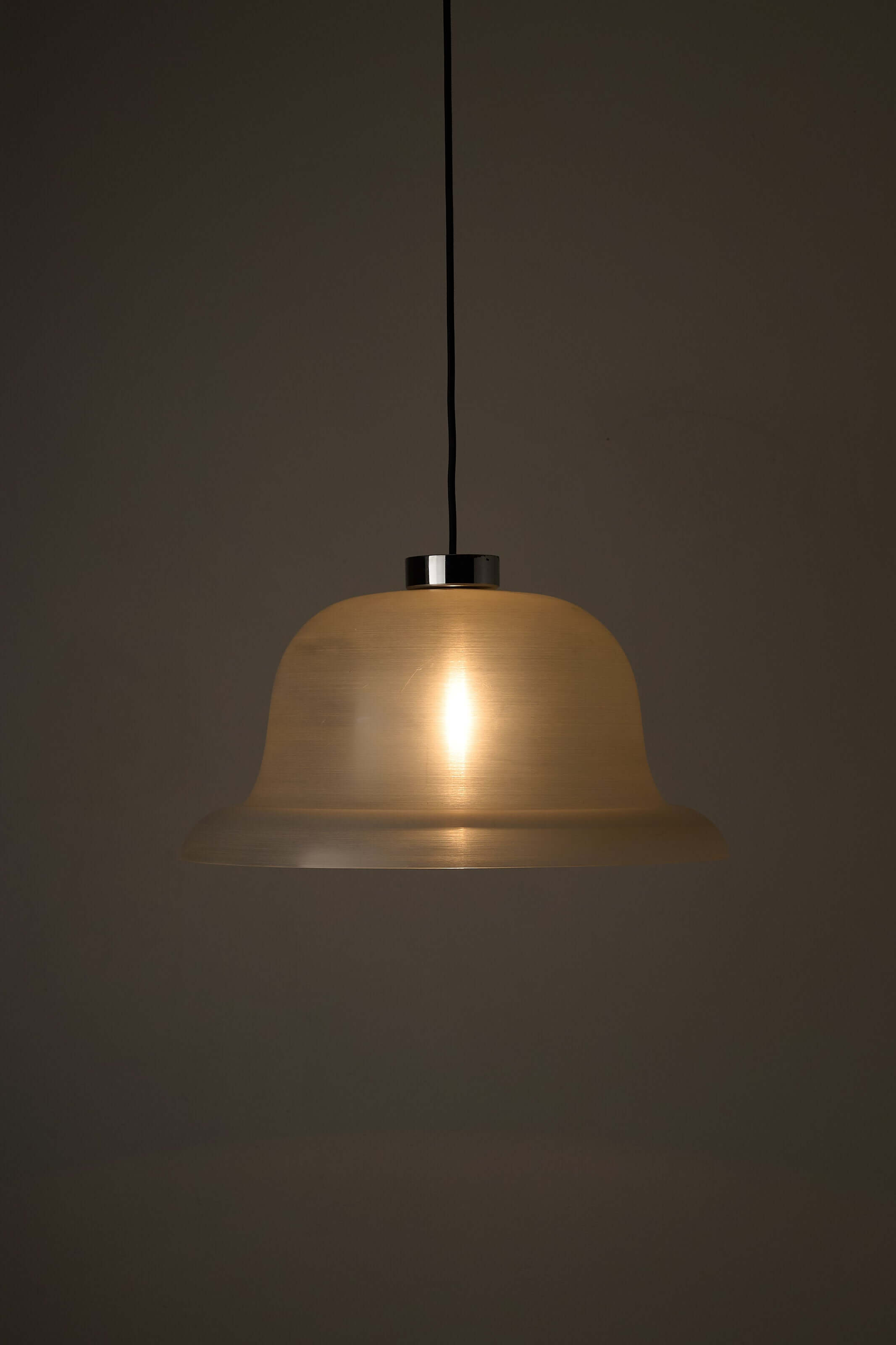 Translucent Acrylic Bell Pendant Lamp, 1970s with a soft glow, textured shade, and polished chrome cap.