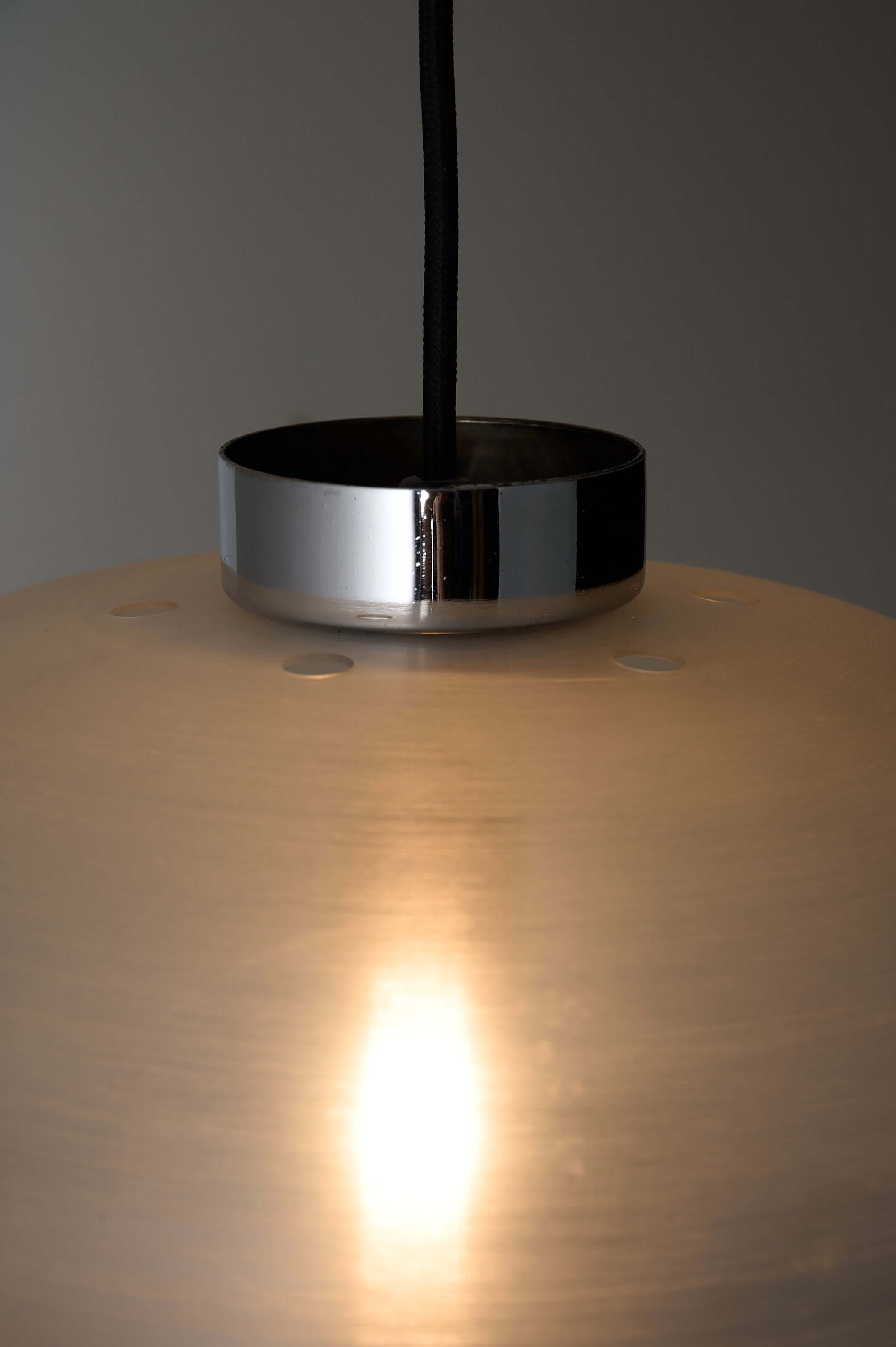 Translucent Acrylic Bell Pendant Lamp, 1970s close-up view of chrome cap and light source.