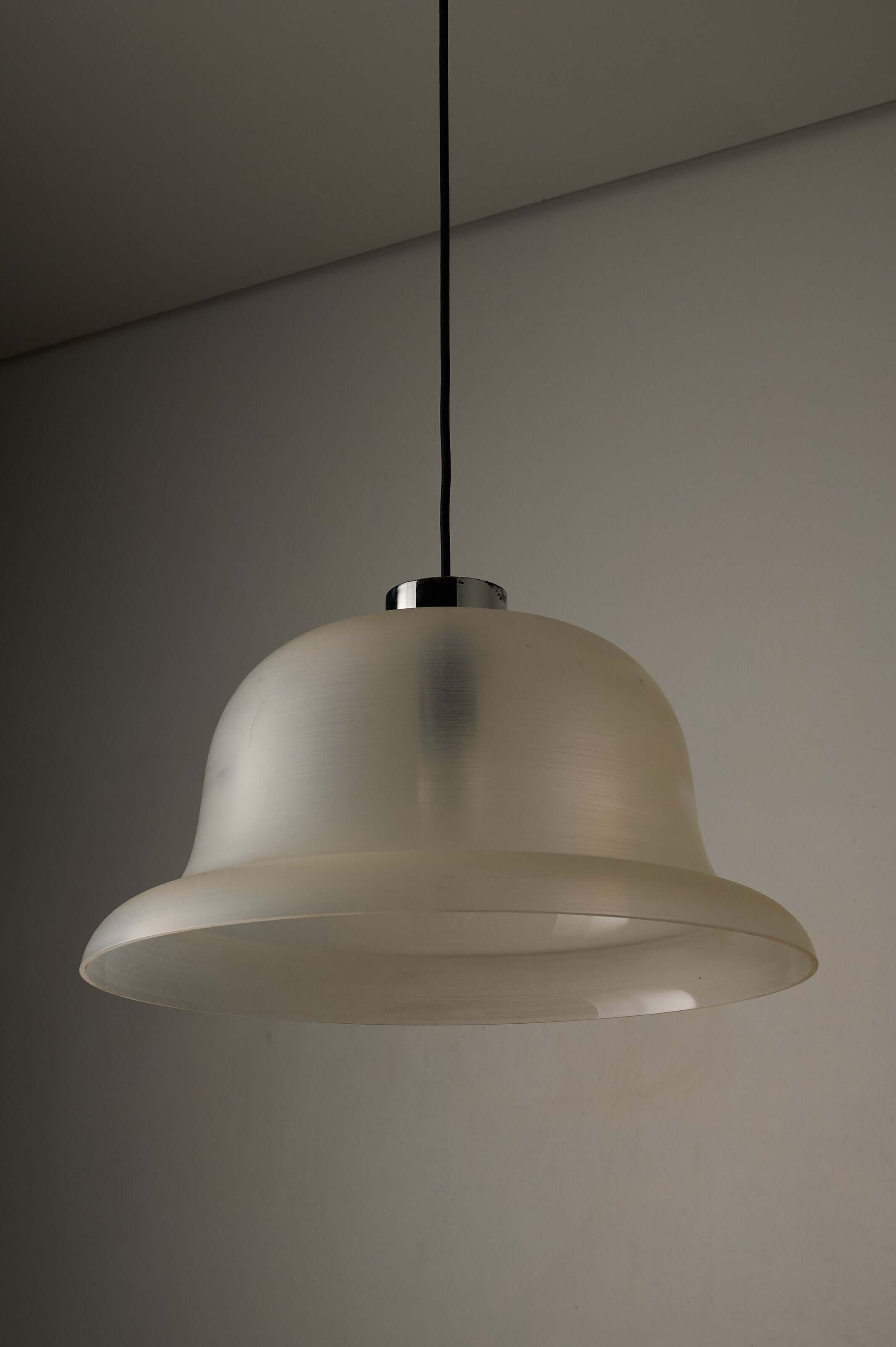 Translucent Acrylic Bell Pendant Lamp, 1970s hanging from a polished chrome cap with a soft glow.