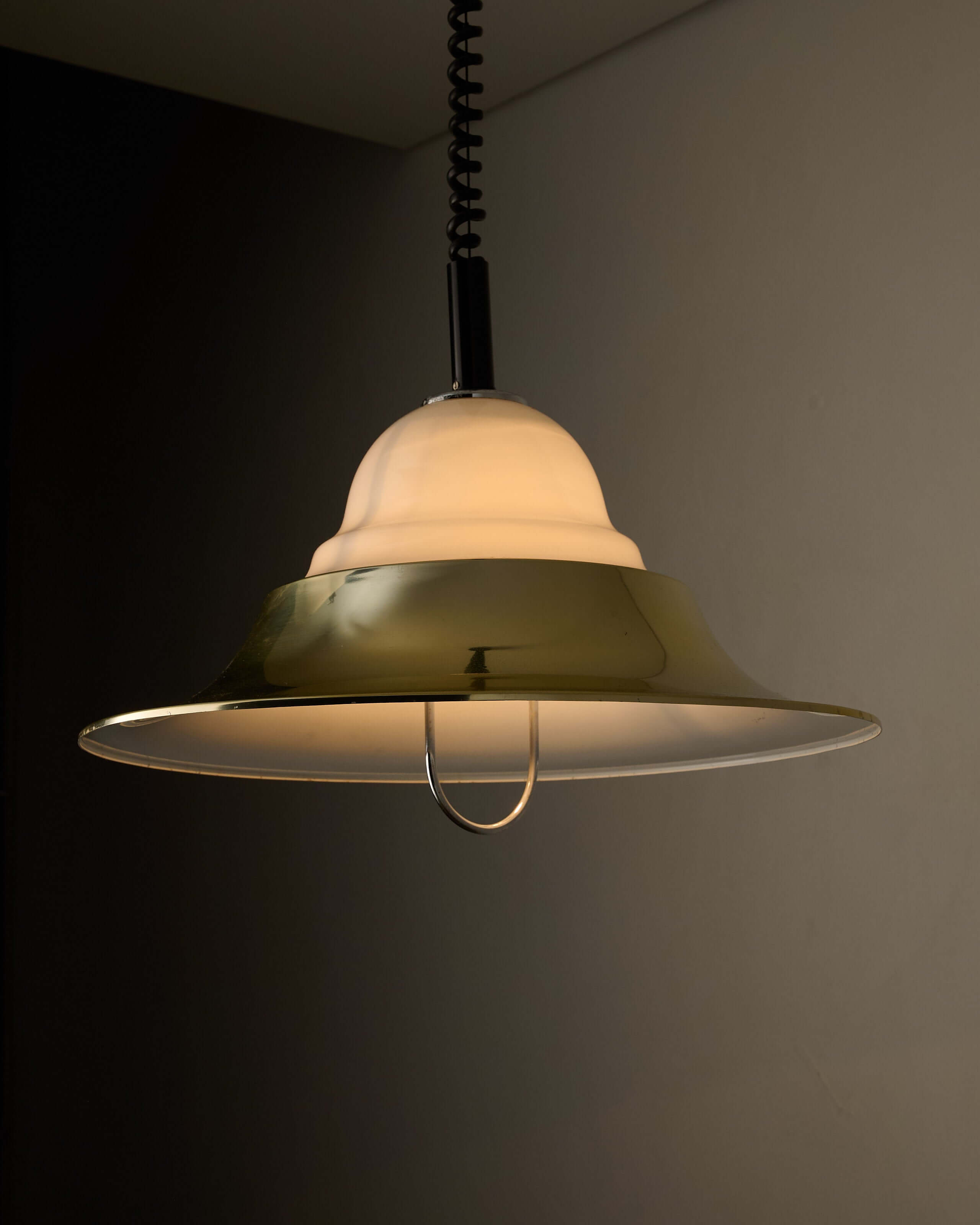 Brass and Opal Glass Model 7565 Pendant Lamp by Cosack, adjustable vintage light with gold-tone shade and opal diffuser.
