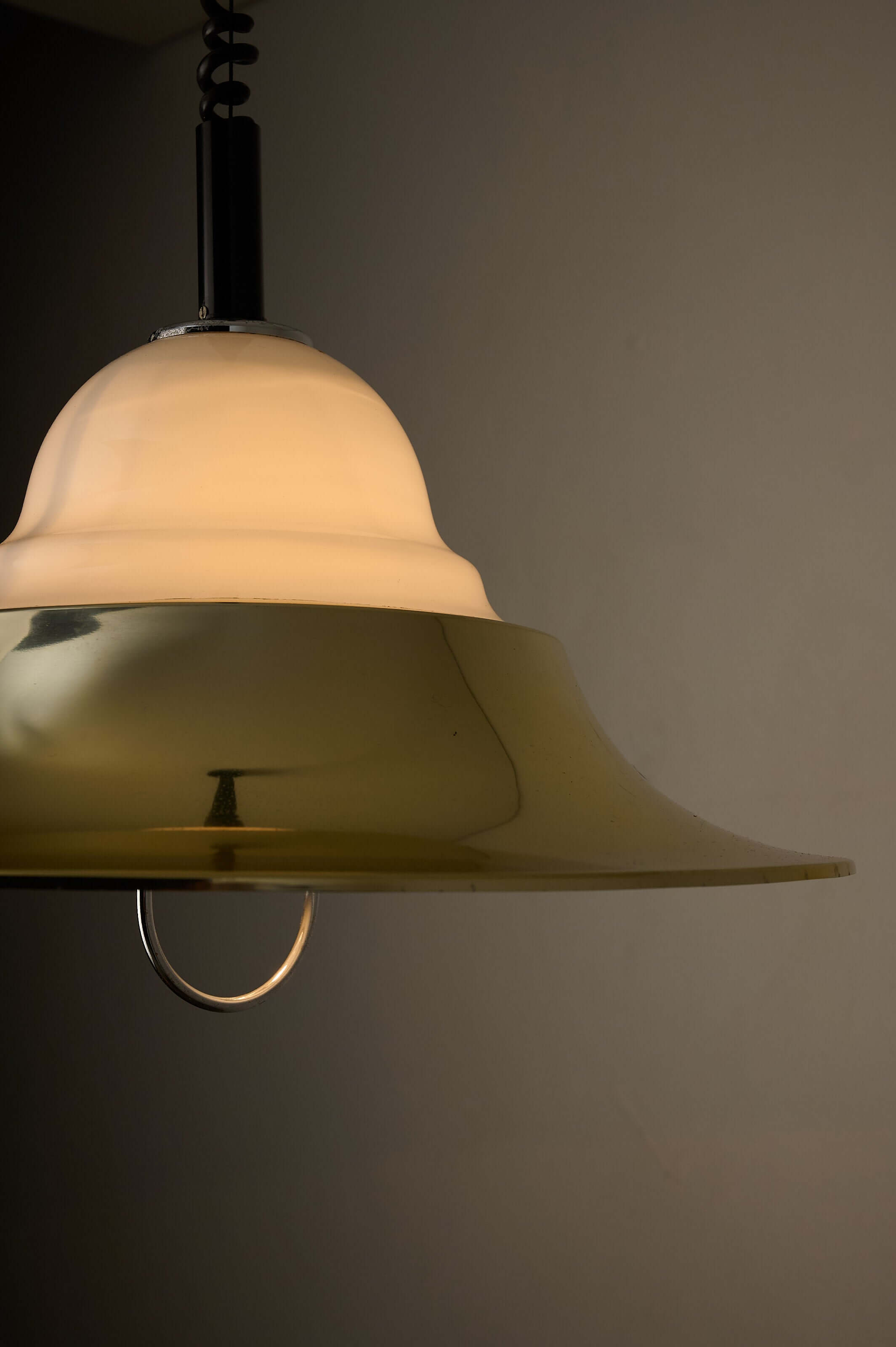 Brass and Opal Glass Model 7565 Pendant Lamp by Cosack, featuring a gold-tone metal shade and milk glass diffuser.