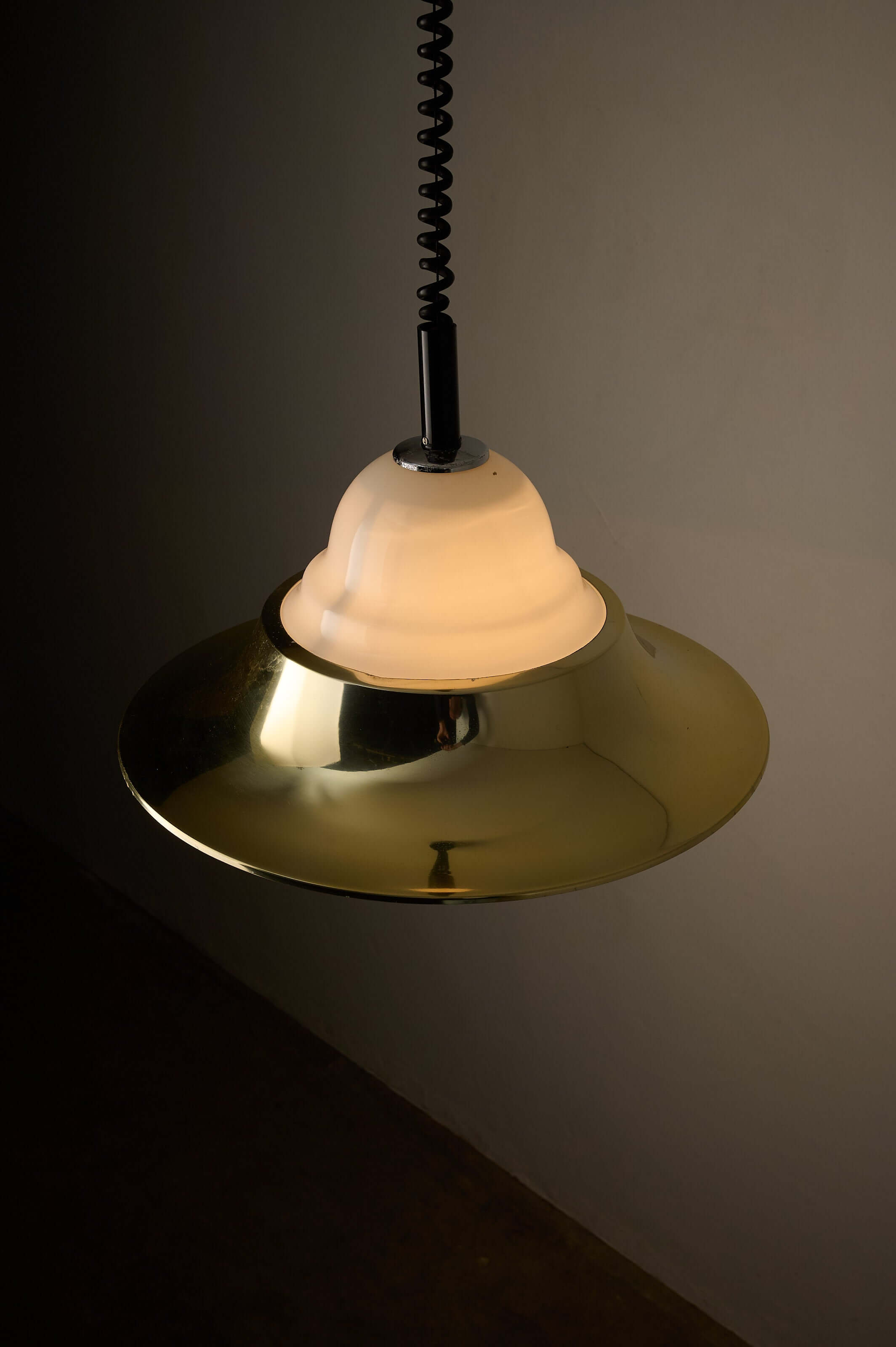 Brass and Opal Glass Model 7565 Pendant Lamp by Cosack features a gold-tone metal shade and opal glass diffuser.