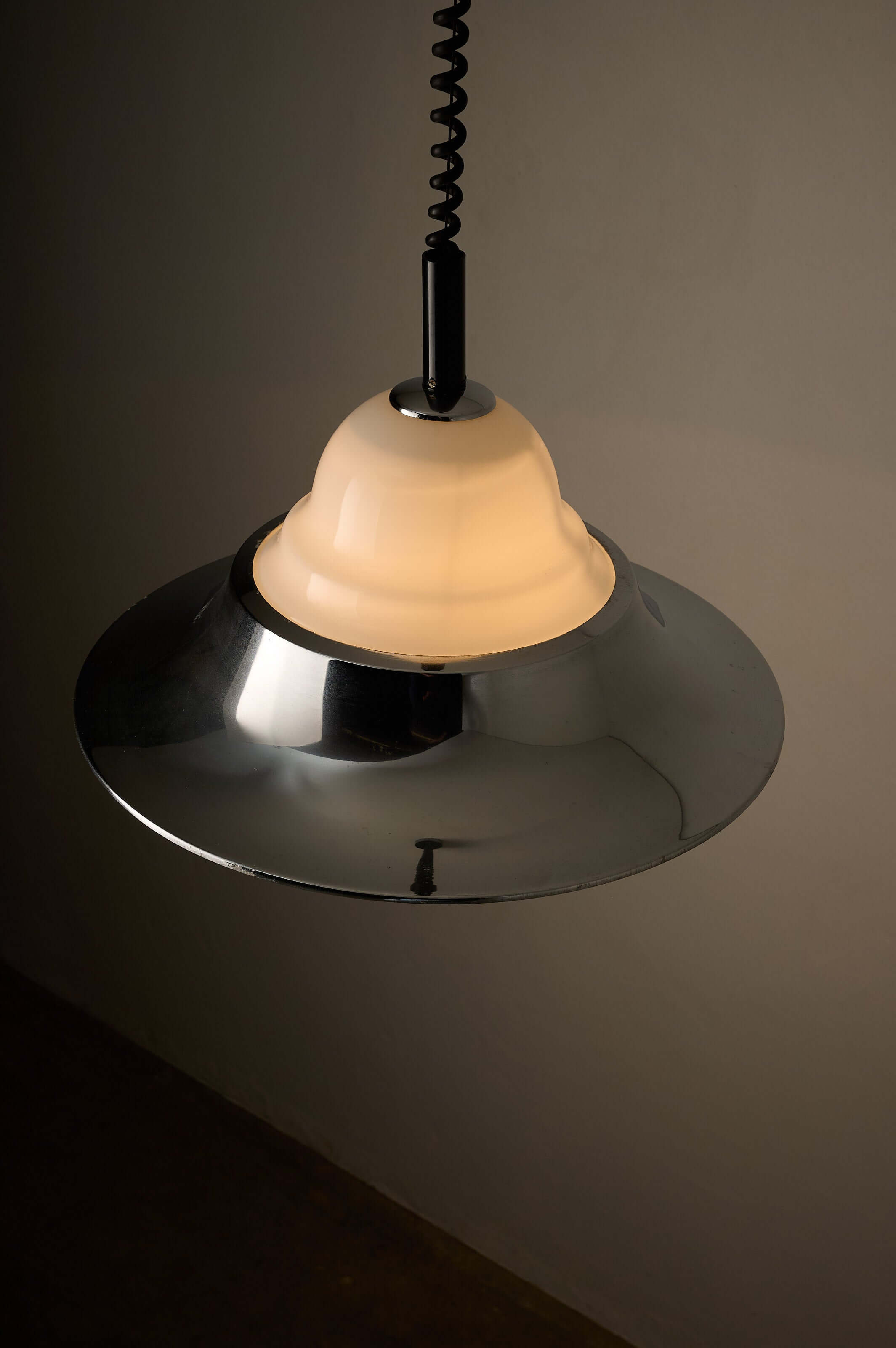 Chrome and Opal Glass Model 7565 Adjustable Pull-Down Lamp by Cosack hanging pendant light in polished chrome and opal glass.