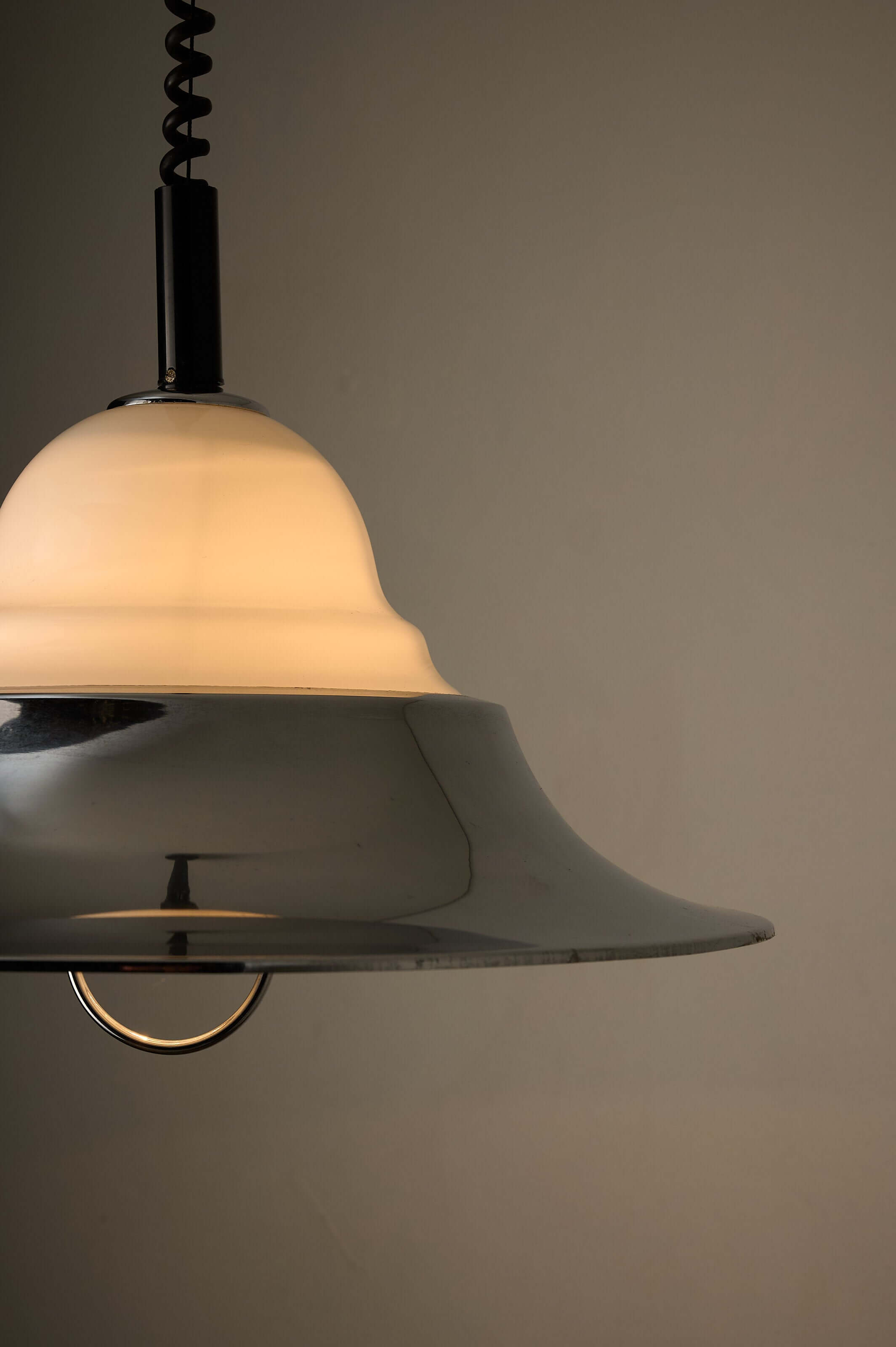 Chrome and Opal Glass Model 7565 Adjustable Pull-Down Lamp by Cosack hanging with polished chrome shade and opal glass.