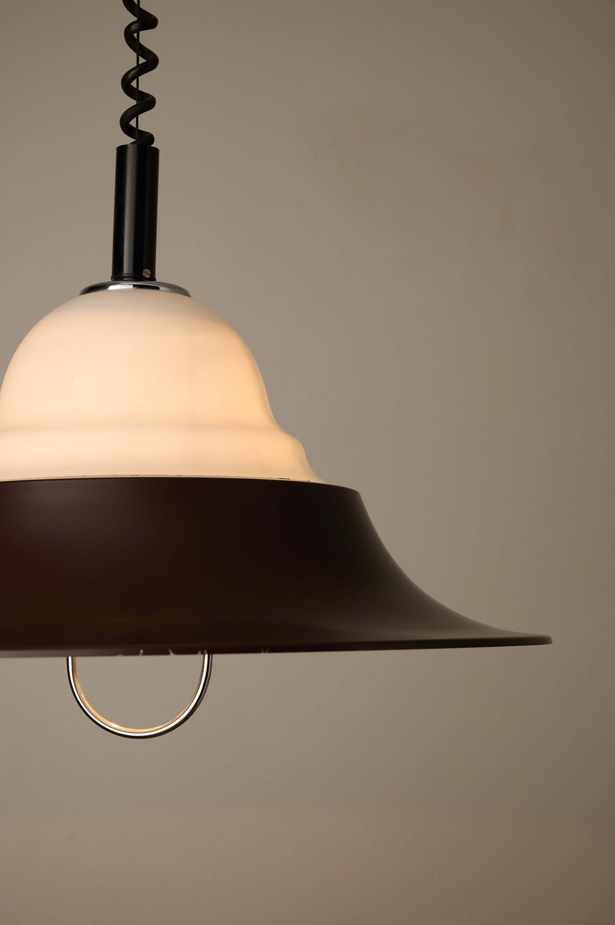 Brown and Opal Glass Model 7565 Adjustable Pull-Down Lamp by Cosack in brown and white with black spiral cable.