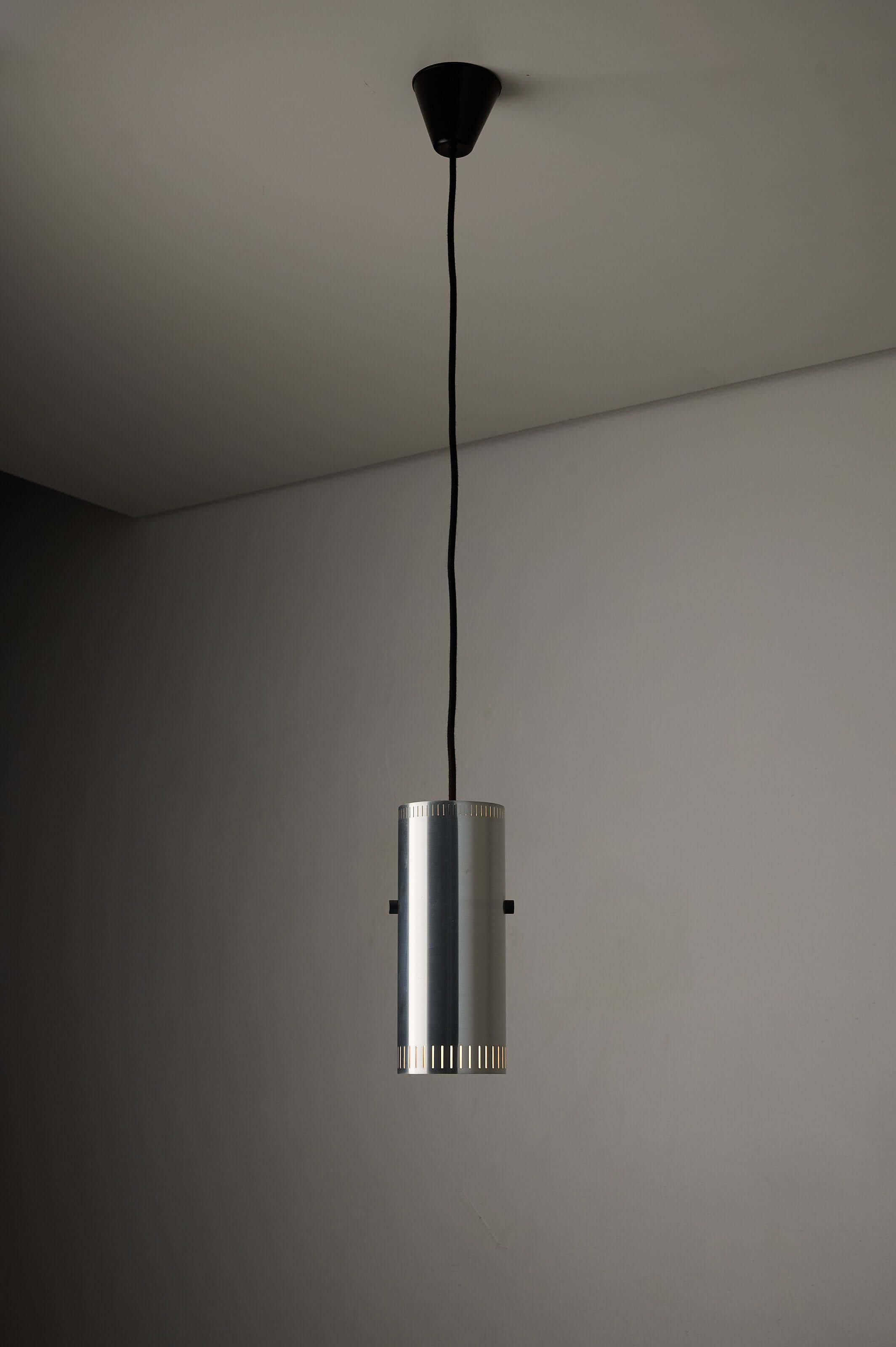 Aluminium "Cylindre" Pendant by Jo Hammerborg for Fog & Mørup, 1960s hanging from the ceiling.