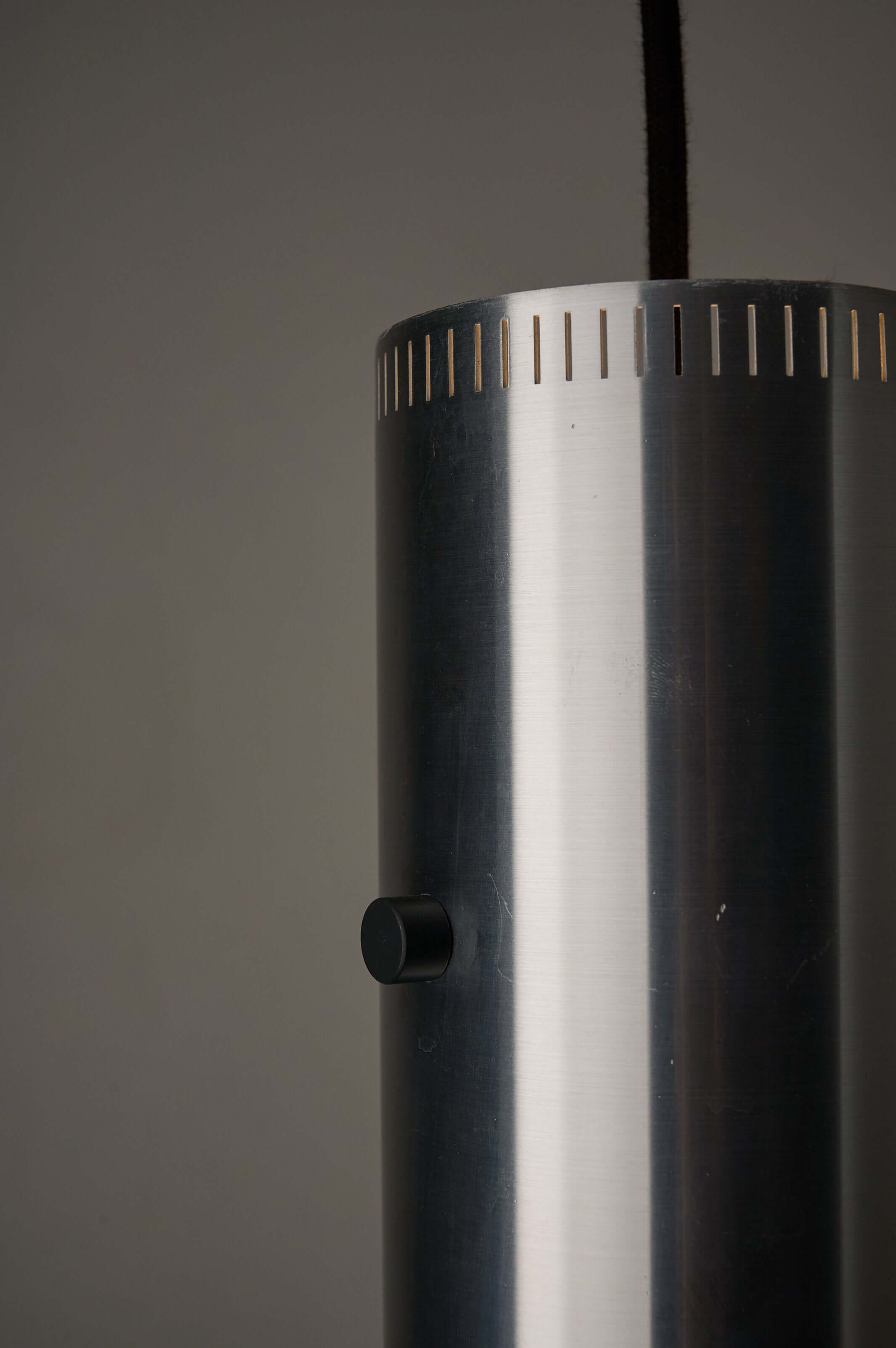 Aluminium "Cylindre" Pendant by Jo Hammerborg for Fog & Mørup, 1960s, showcasing vented slots and brushed aluminium.