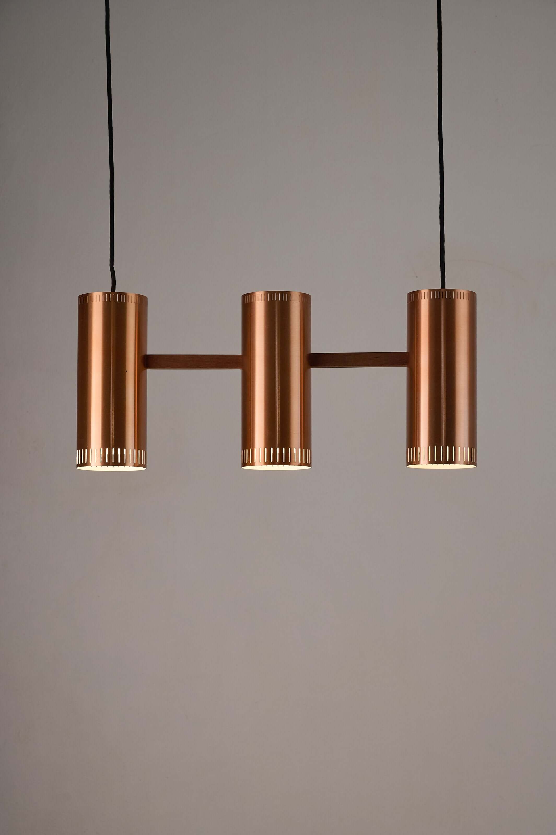 Copper "Cylindre III" 3-Light Linear Pendant by Jo Hammerborg for Fog & Mørup, 1960 in warm copper finish.