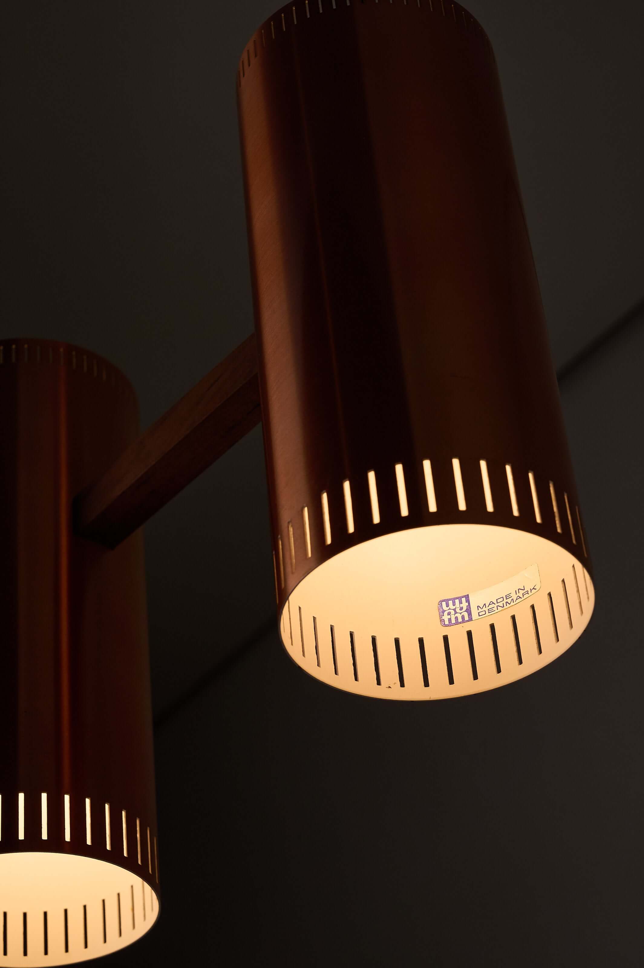 Copper "Cylindre III" 3-Light Linear Pendant by Jo Hammerborg for Fog & Mørup, 1960 close-up view with vented shades.