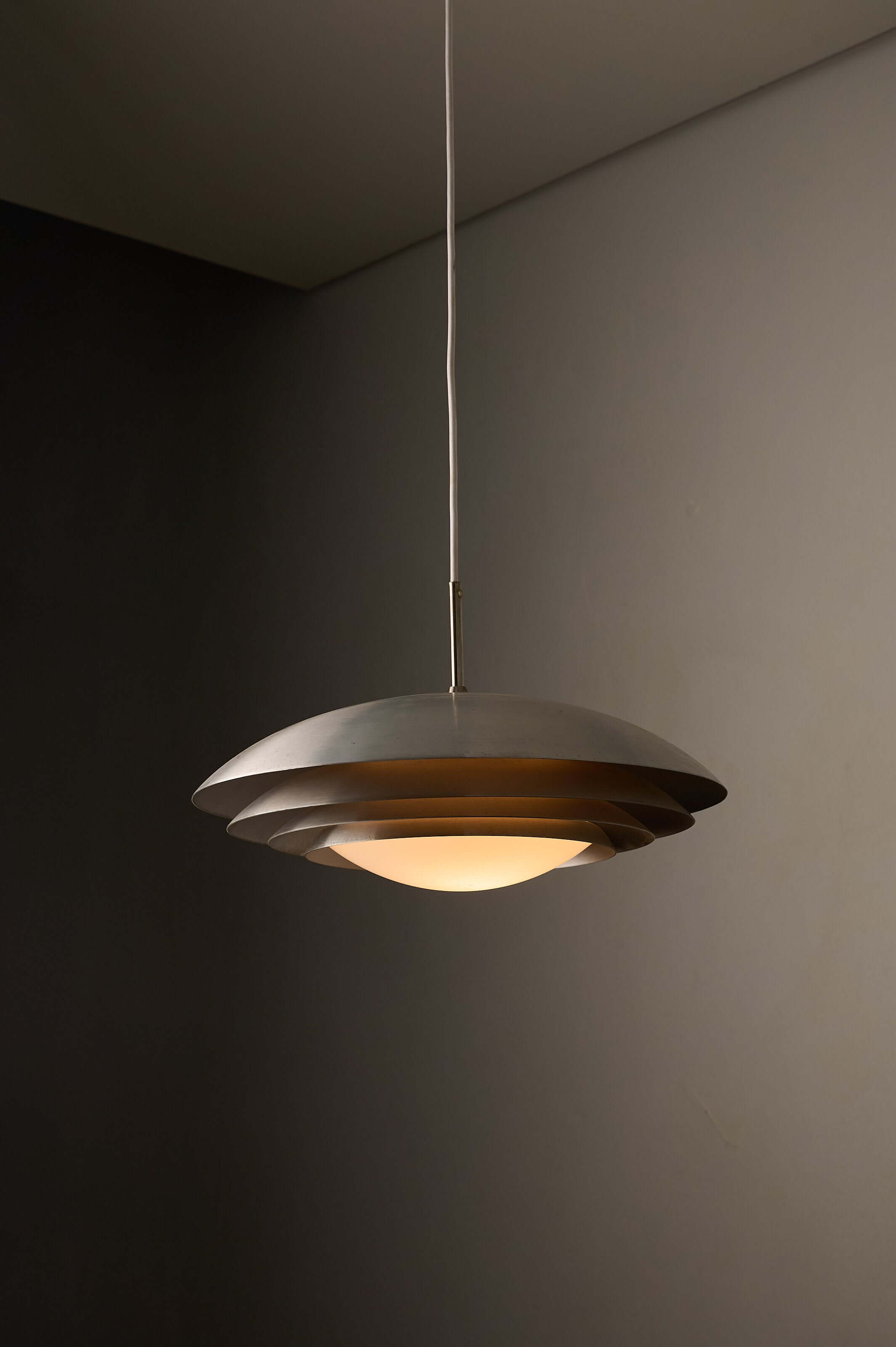 German Space Age "UFO" Pendant in Aluminium and Opal Glass by B+L Leuchten hanging lamp design