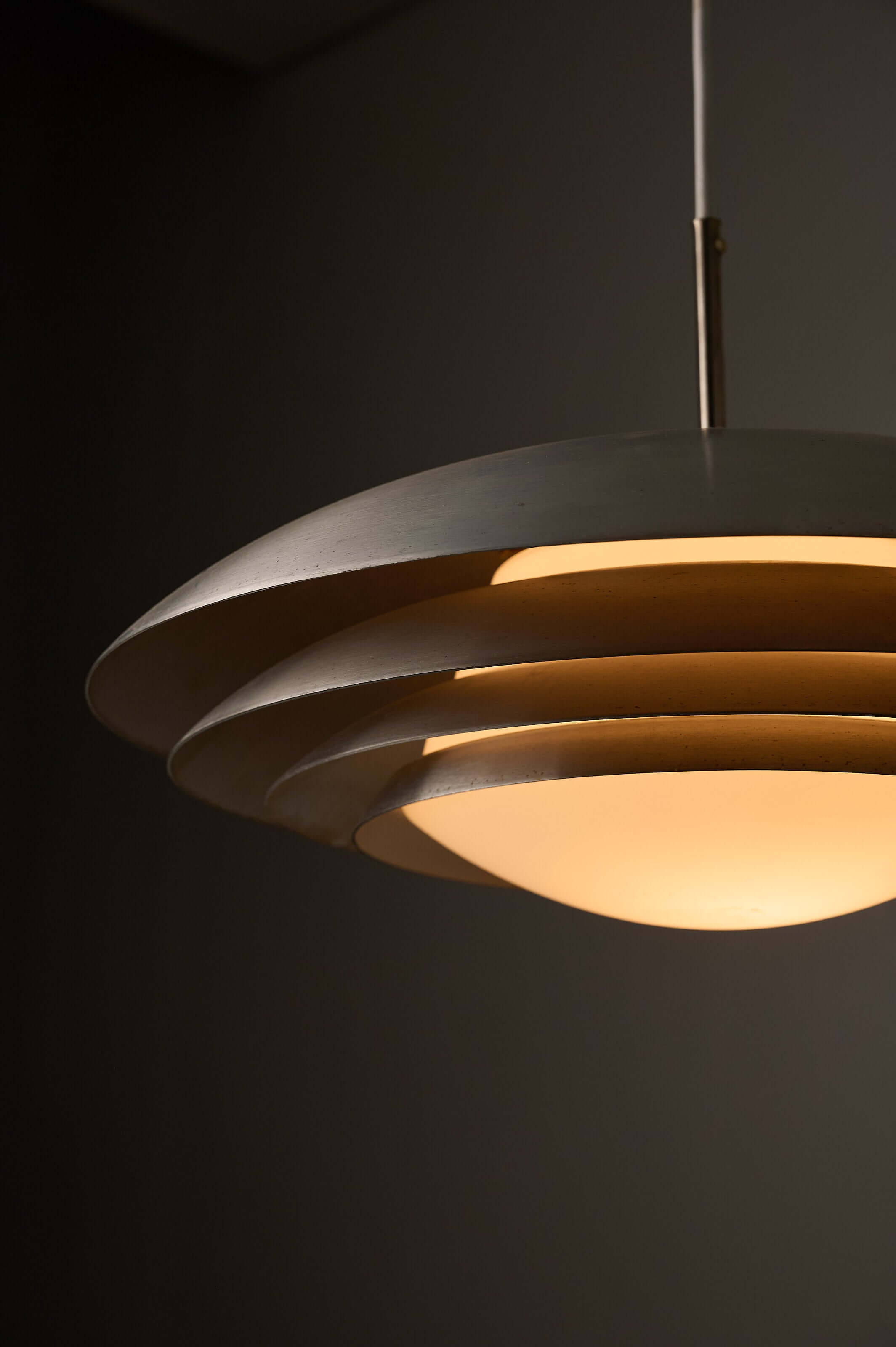 German Space Age "UFO" Pendant in Aluminium and Opal Glass by B+L Leuchten, featuring concentric brushed aluminium rings.