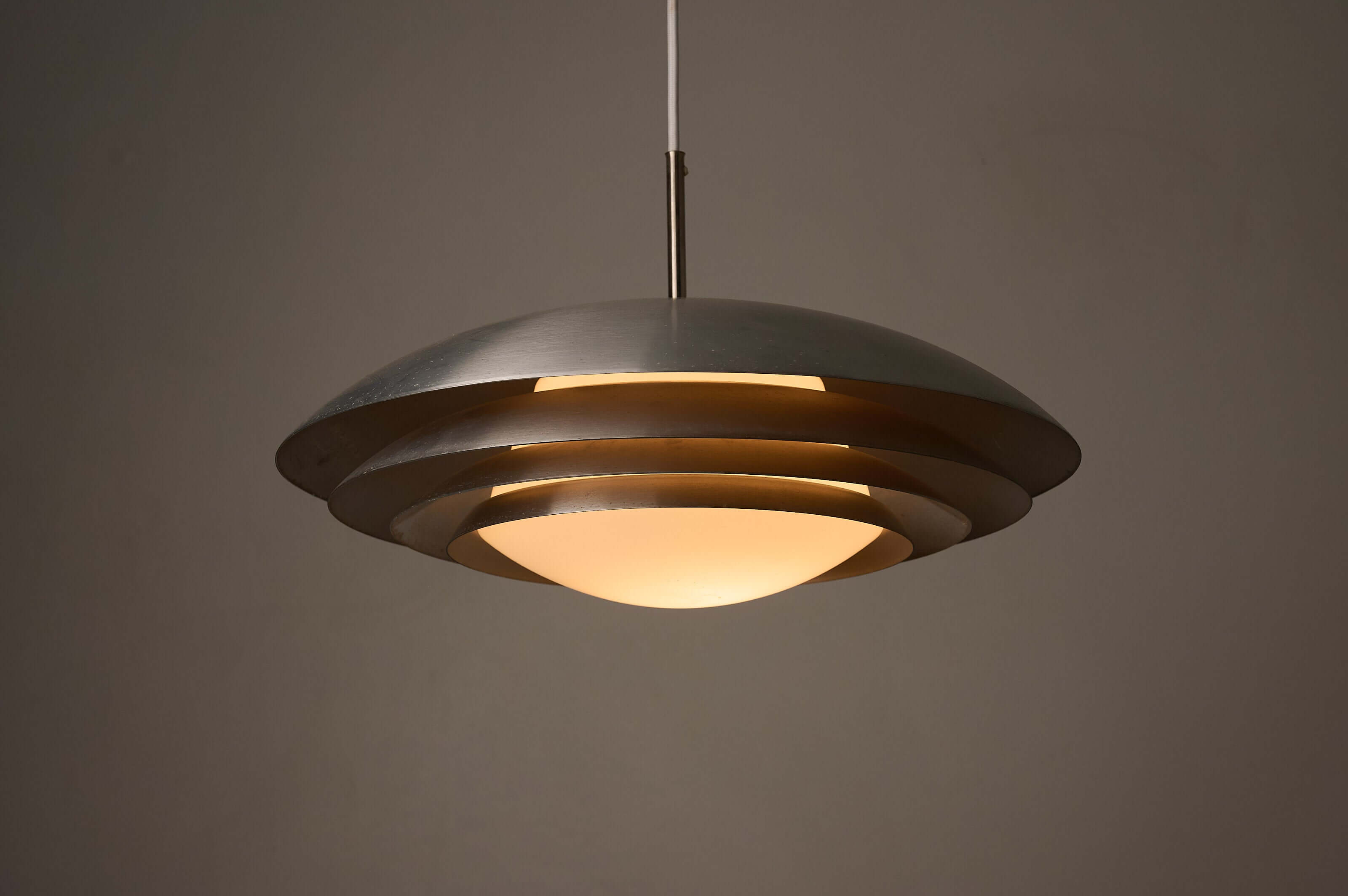 German Space Age "UFO" Pendant in Aluminium and Opal Glass by B+L Leuchten, featuring a satin-finish opal glass dome.