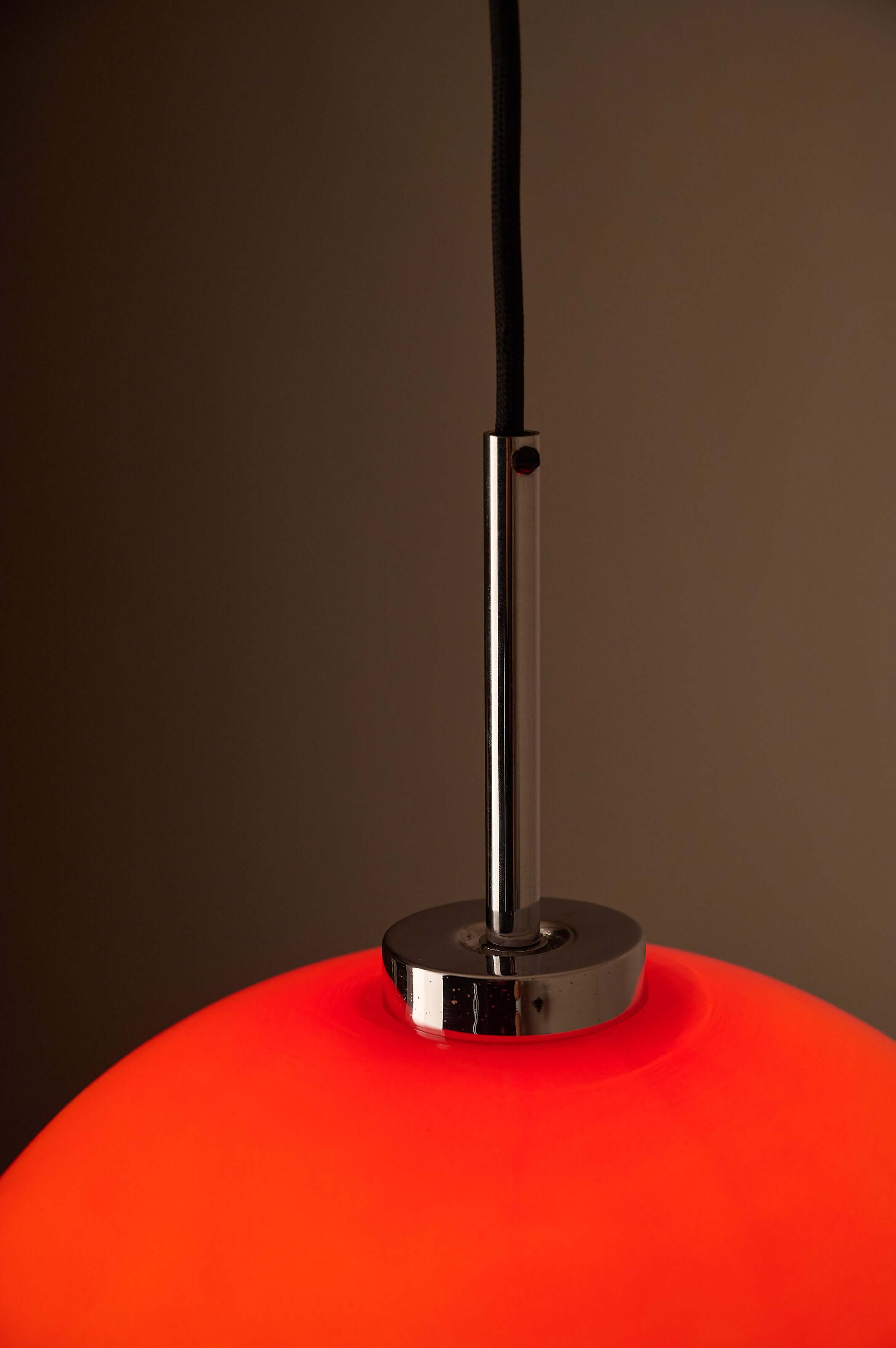 Orange Opaline Glass Pendant by Fog & Mørup with chrome fitting and vibrant orange shade.