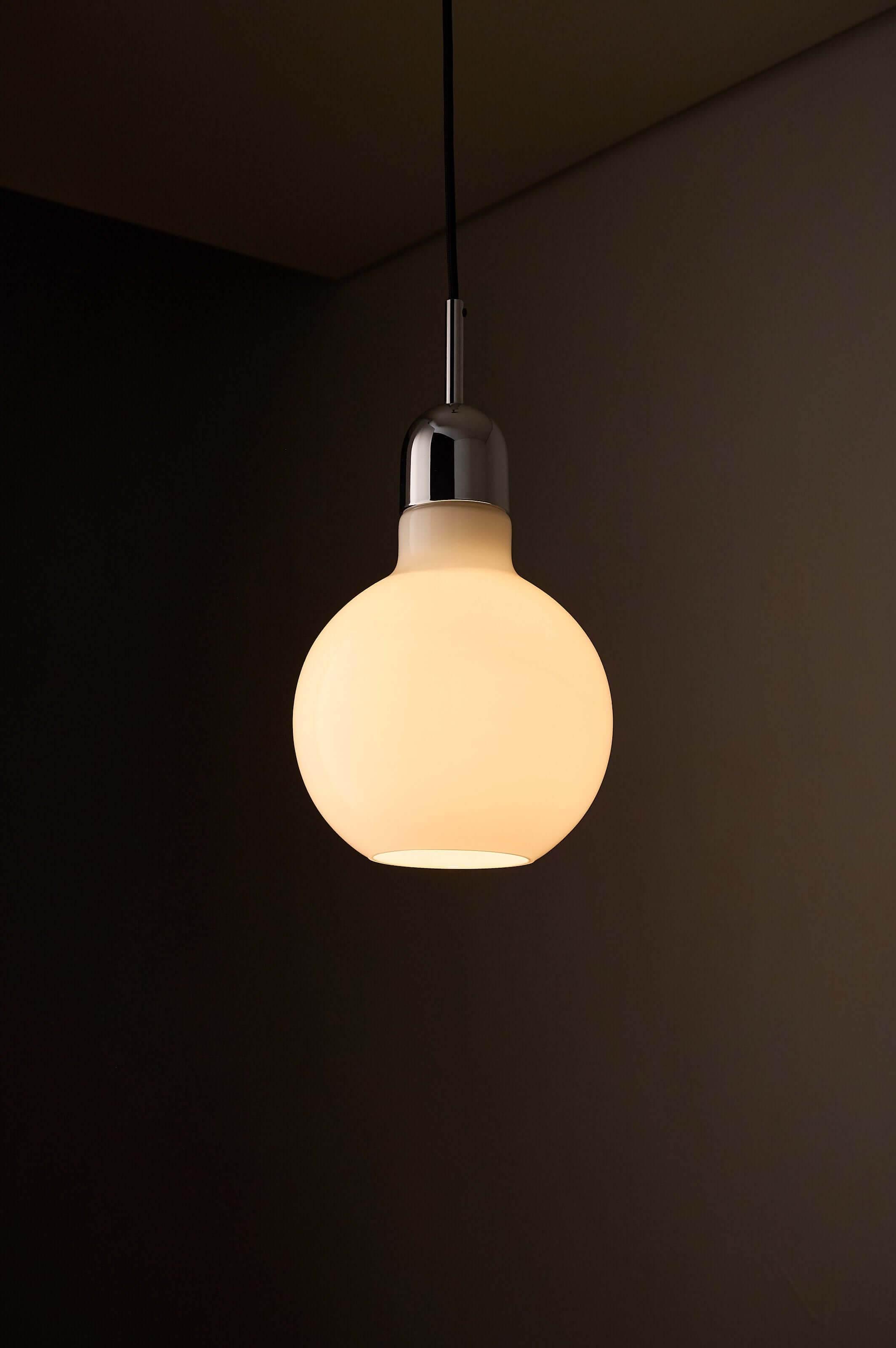 Mid-Century Opal Glass & Chrome Model "7064" Pendant by Cosack hanging light with polished chrome fixture.