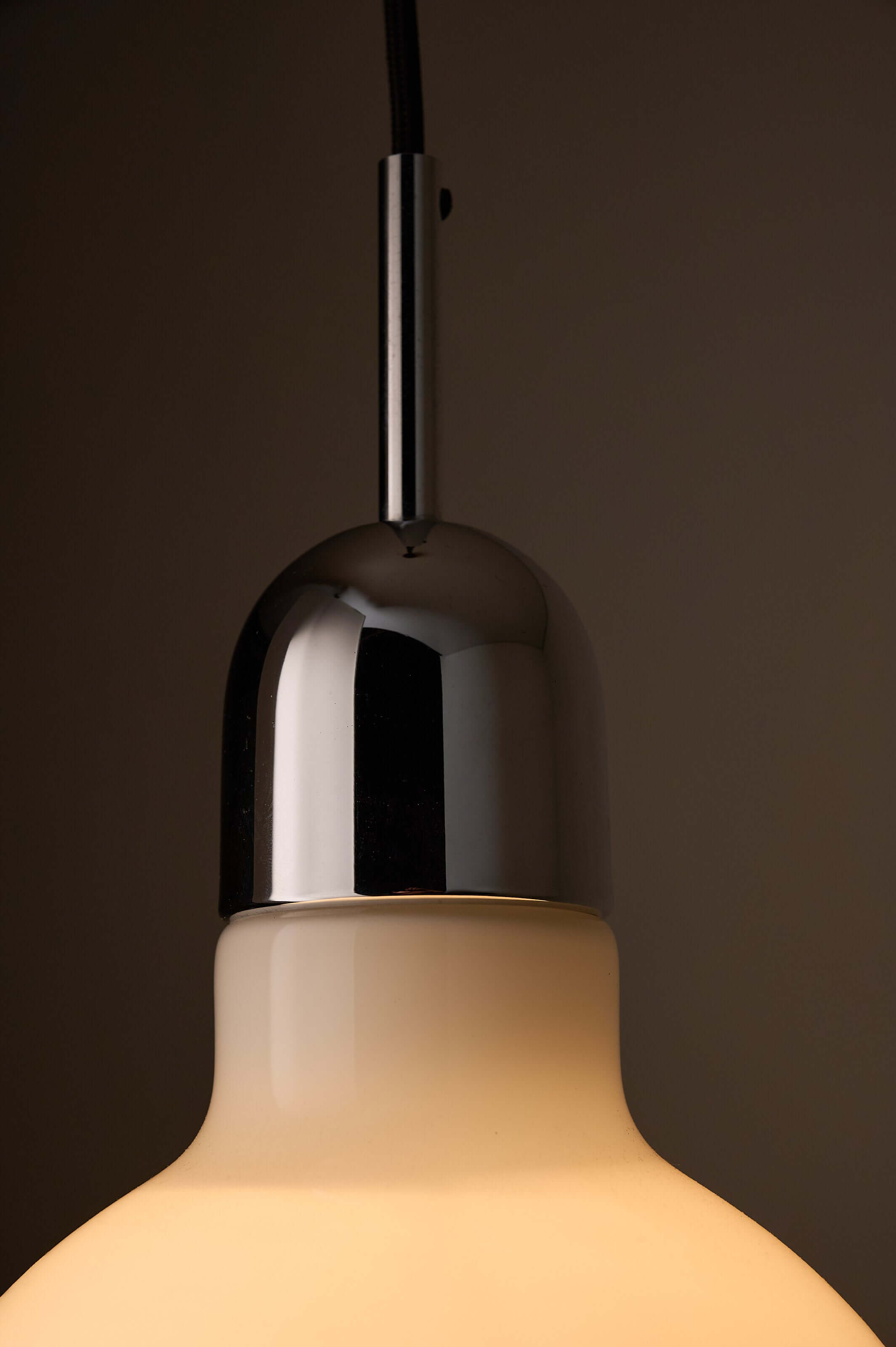 Mid-Century Opal Glass & Chrome Model "7064" Pendant by Cosack with polished chrome fitting and opaline shade.
