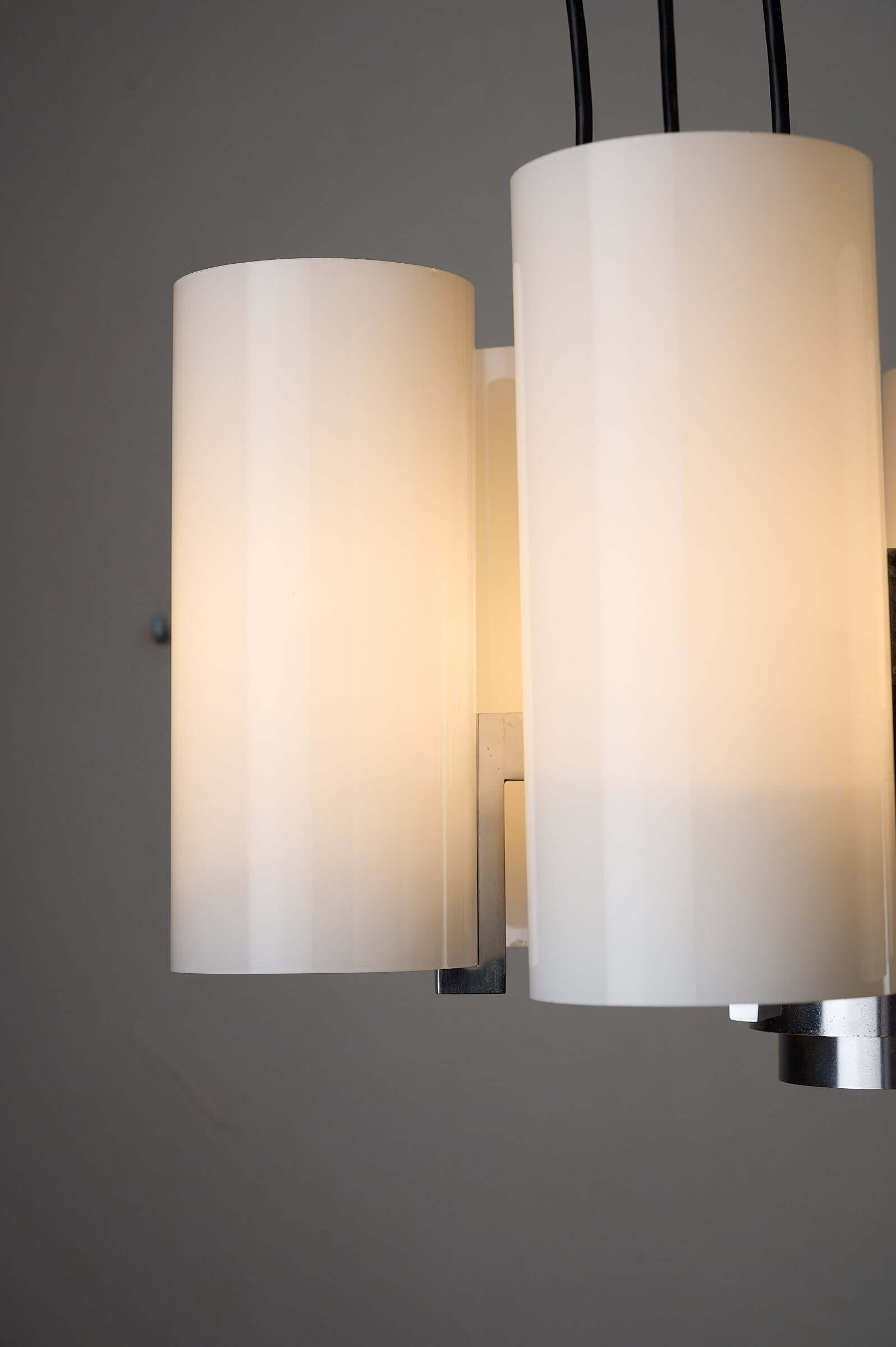 Space Age Chrome and Opaline Glass Chandelier with Six Cylindrical Shades featuring elegant opaline glass shades.