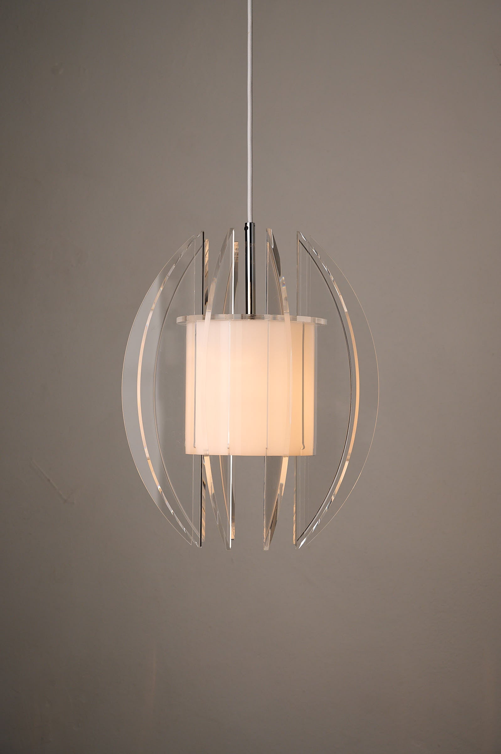 Space Age Acrylic and Perspex Pendant Lamp, 1970s with opal white diffuser and clear Perspex fins.