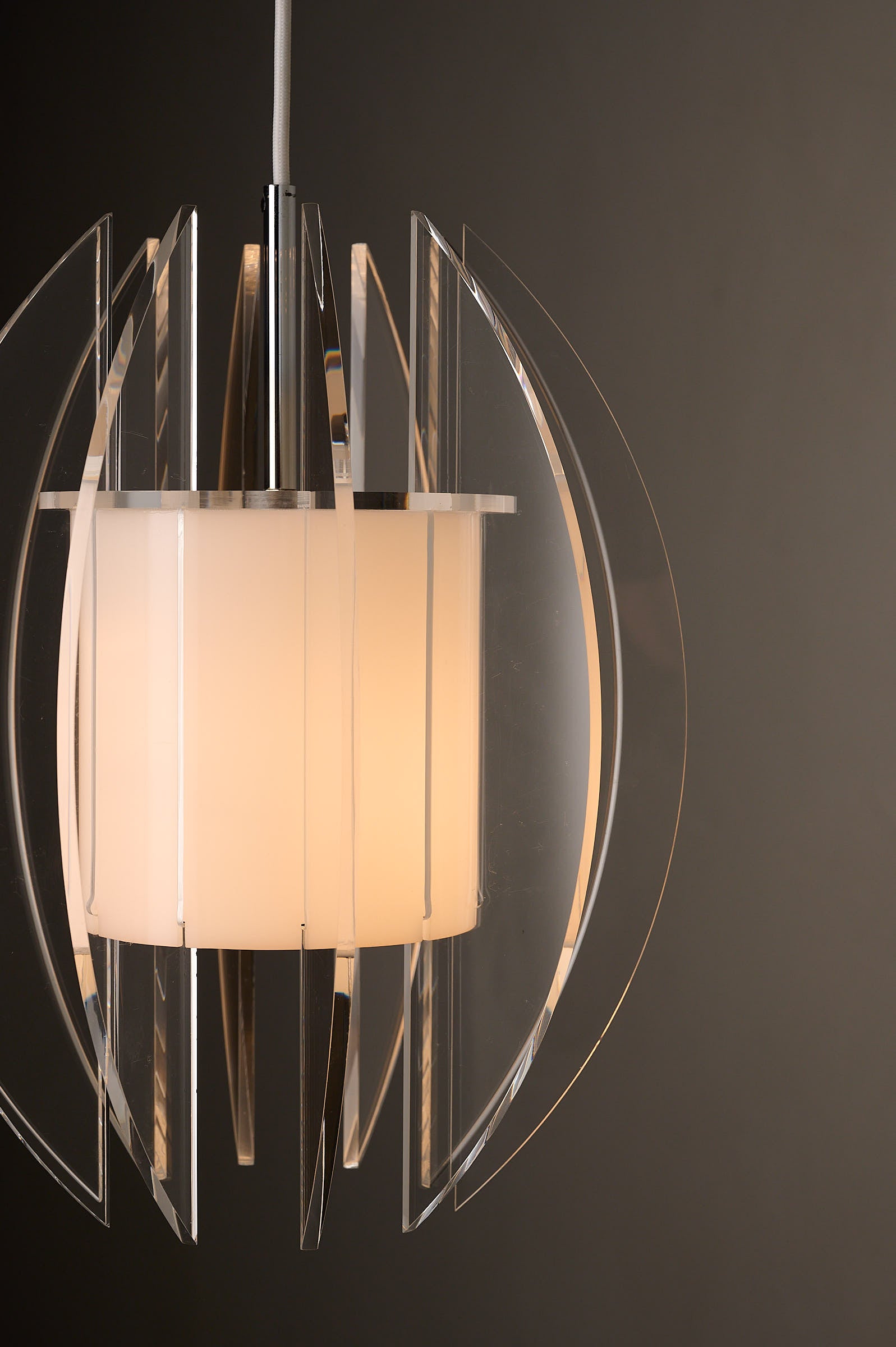 Space Age Acrylic and Perspex Pendant Lamp, 1970s showcasing opal white diffuser and clear Perspex fins.